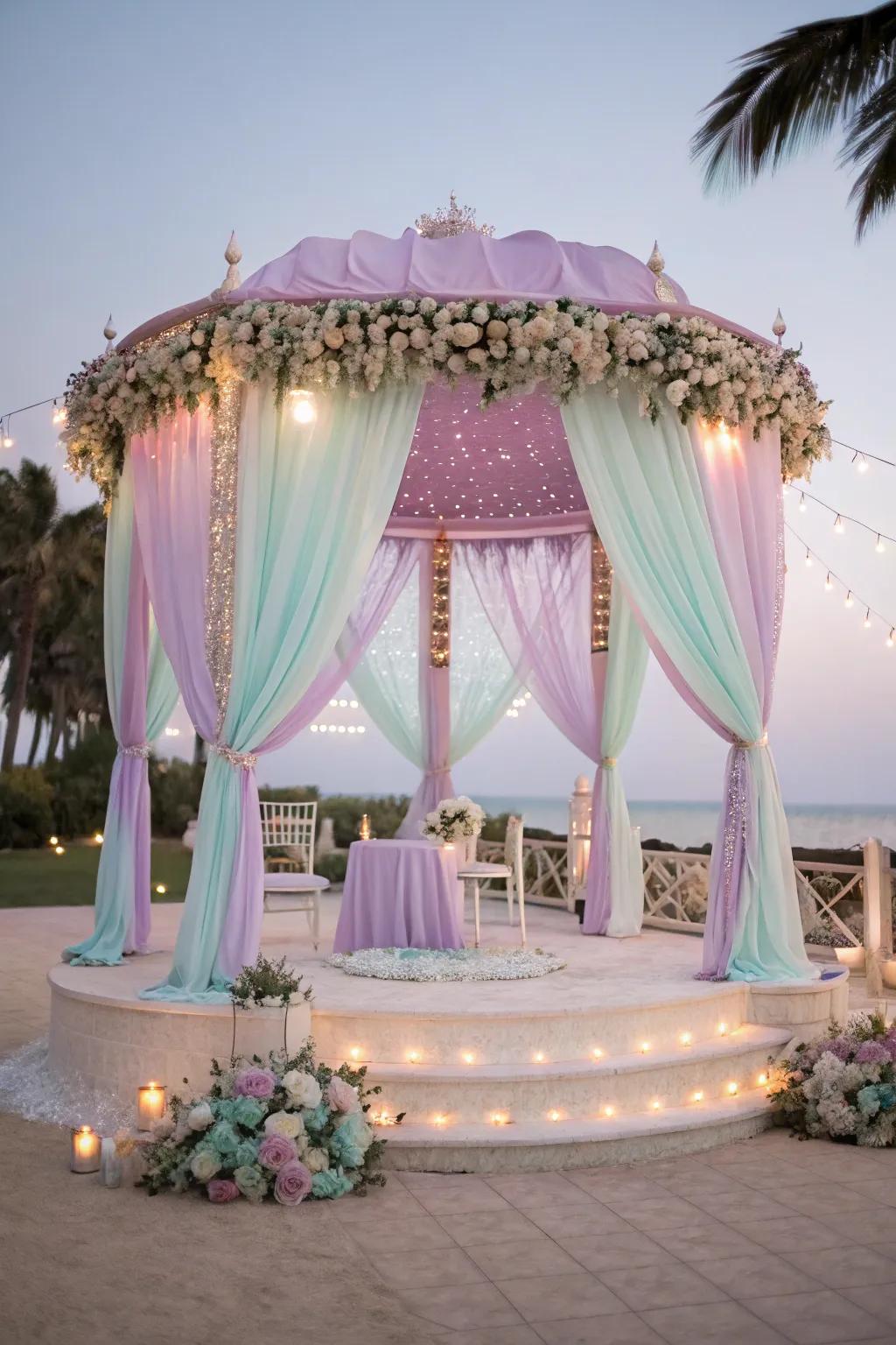 Soft tone colors create a serene and dreamlike atmosphere in a marriage altar.