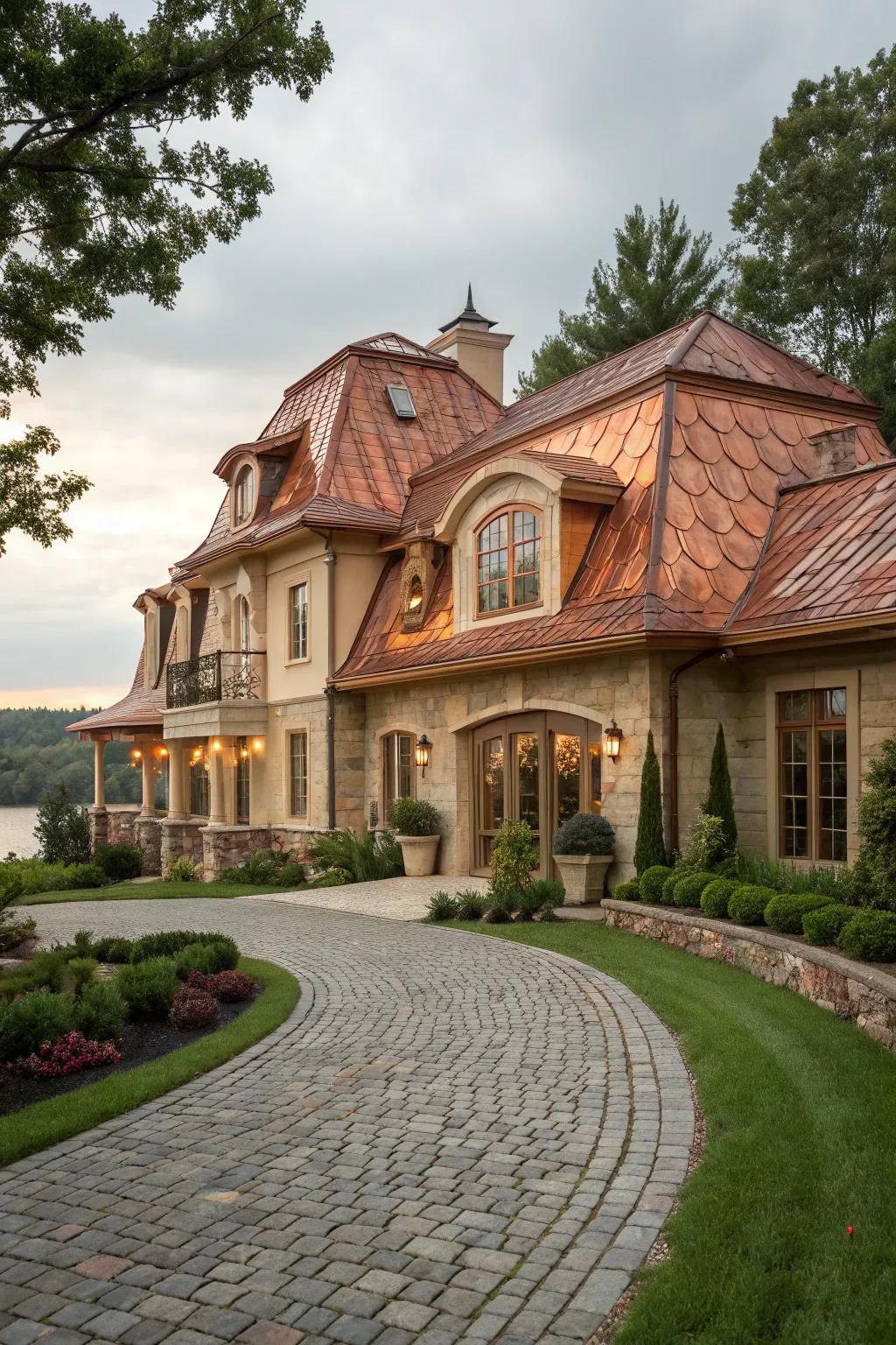 Oxidized roofing offers a sumptuous finish to this mansard roof.