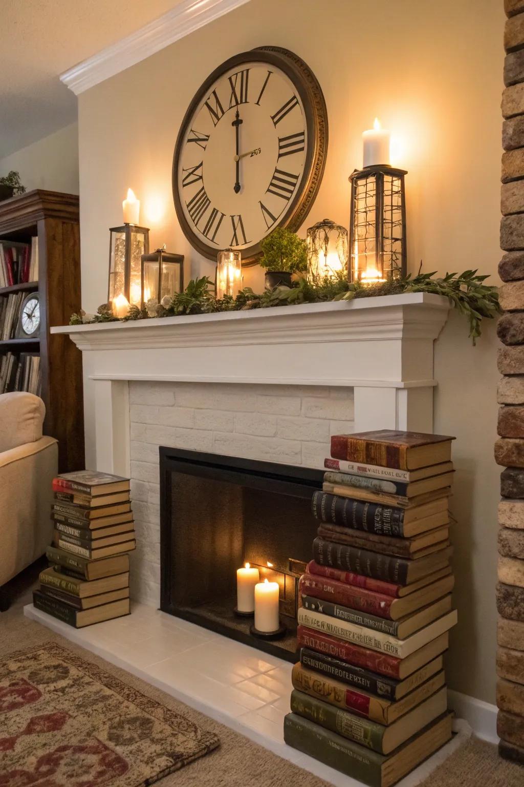 A cozy book nook on the mantel with a timepiece and books.
