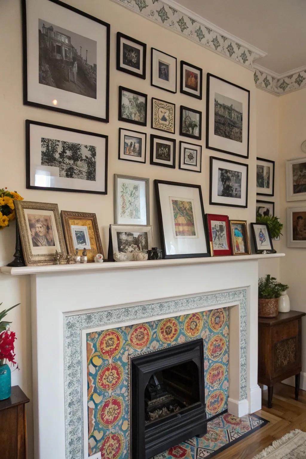 A gallery wall enhances the mantel as a focal point.