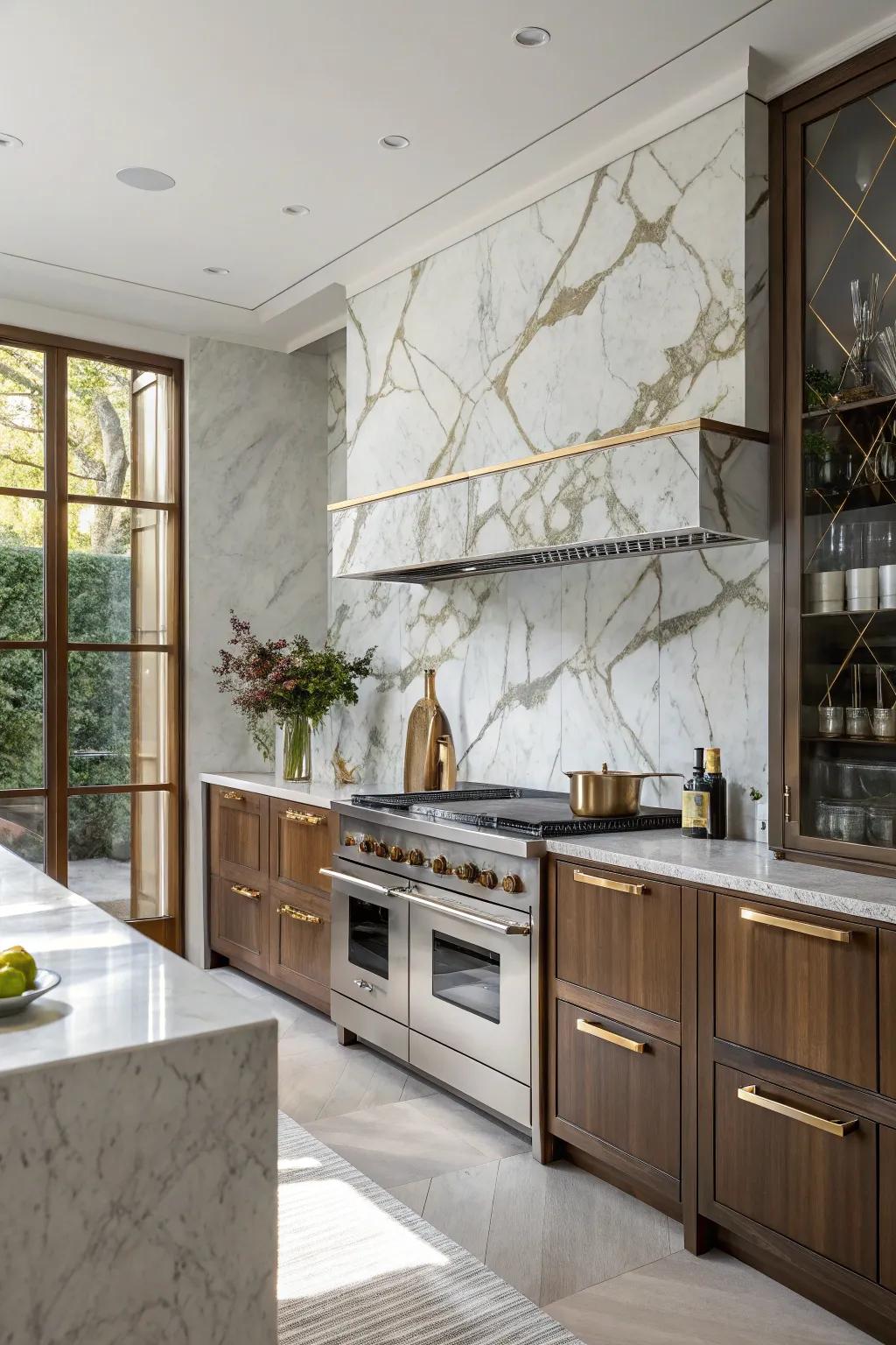 A refined cooking area presents a marble backsplash enhanced via metallic touches.