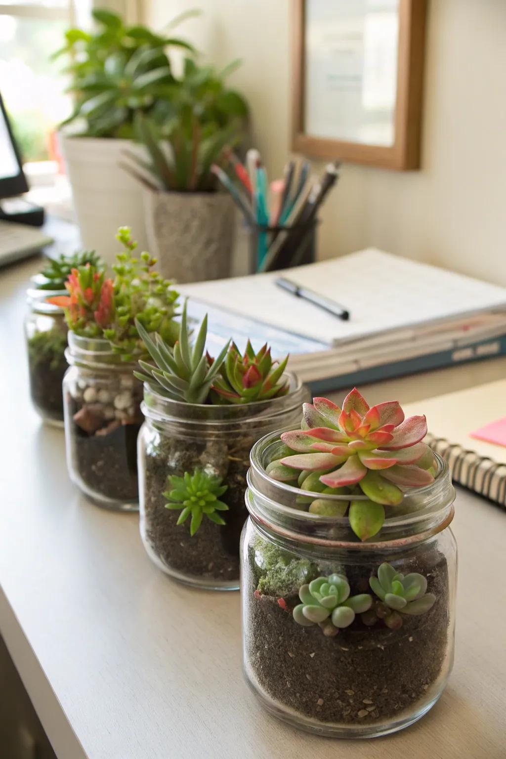 Add modern greenery with small succulent backyards in antique containers.