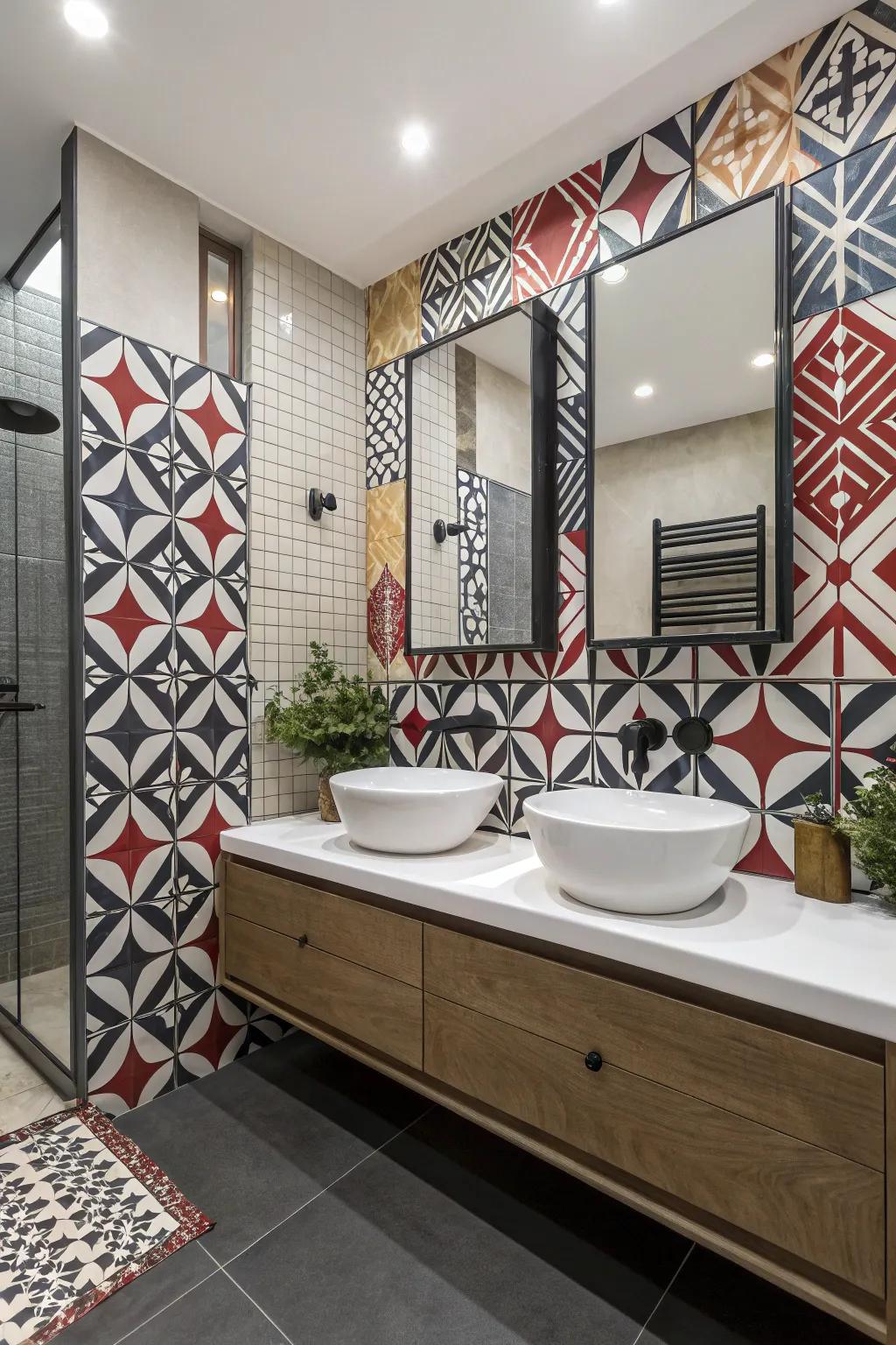 Bathroom showcasing striking patterned tiles, contributing a dramatic flair.