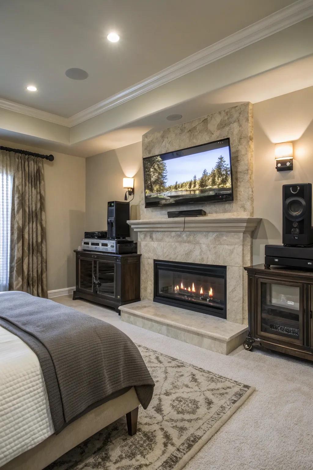 A TV atop the firebox unites functionality with finesse.