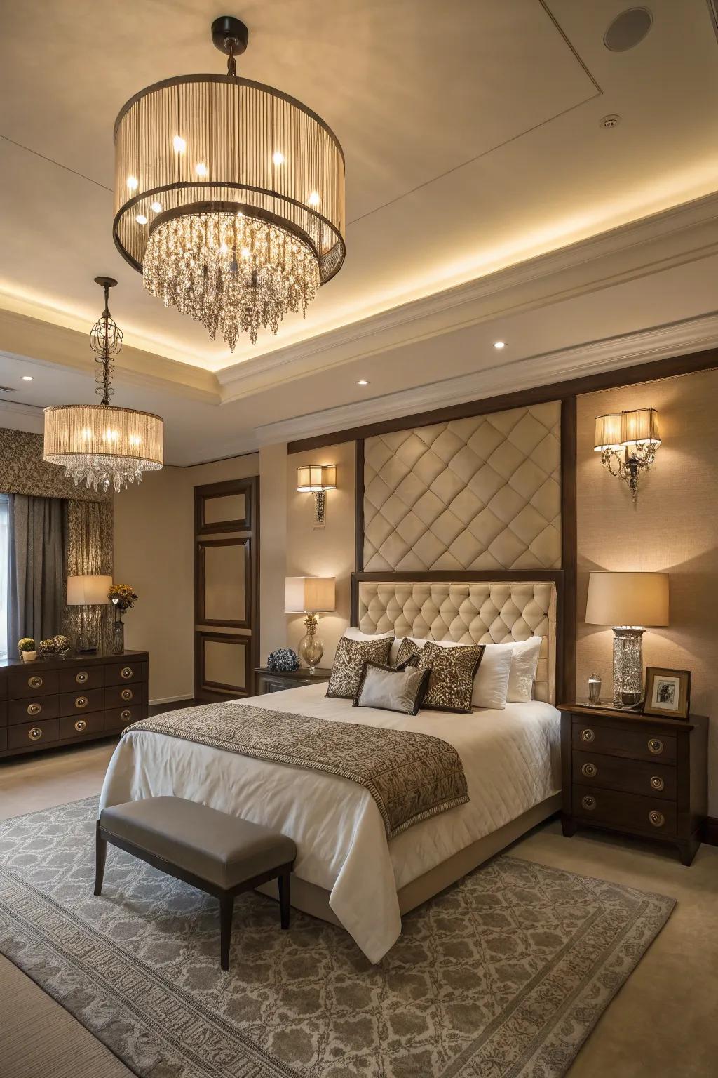 Layered lighting enhances depth and utility in the bedroom.