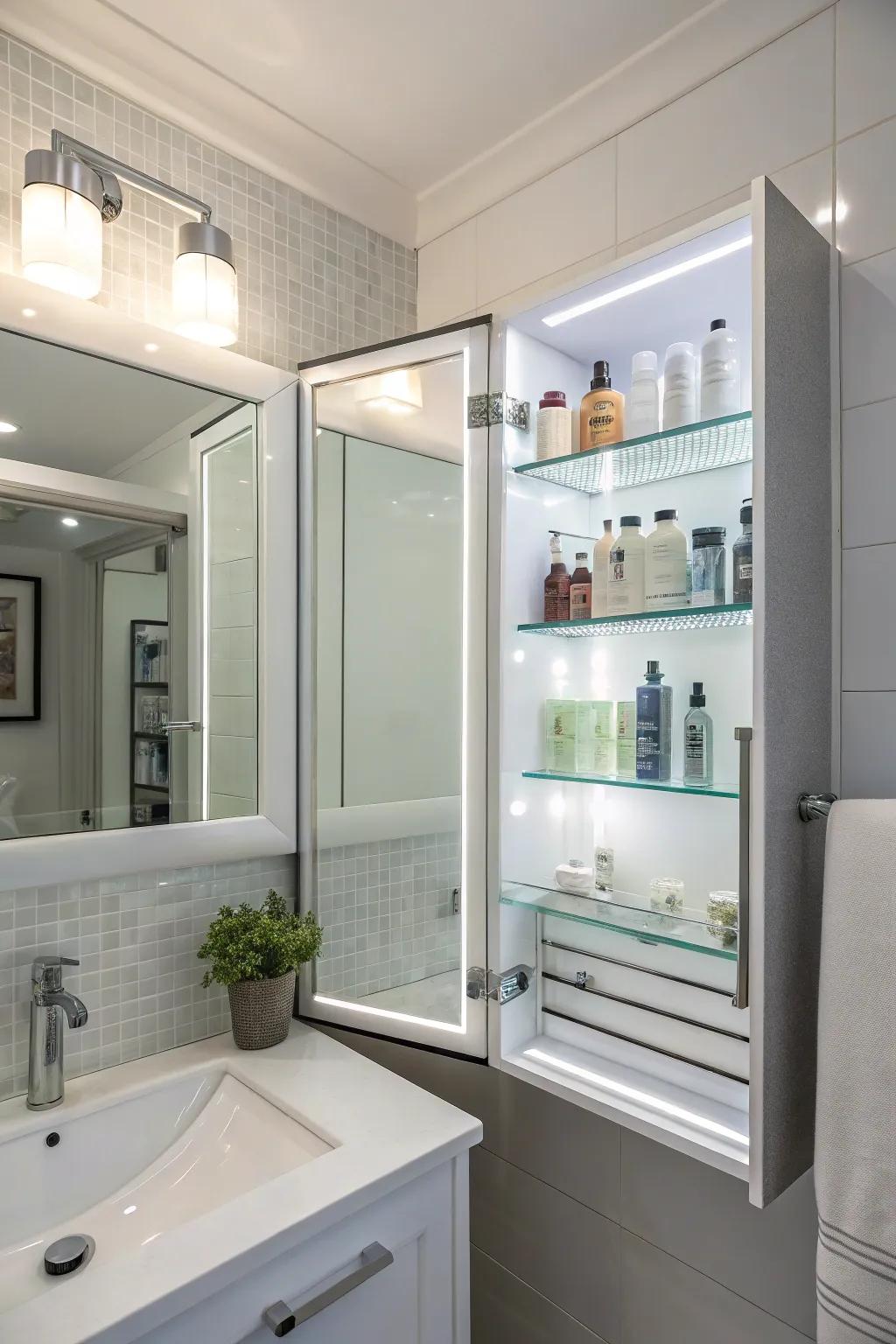 Integrated lighting cultivates a serene bathroom environment.
