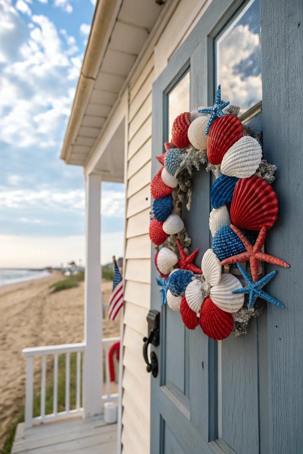 A coastal-themed wreath featuring painted beach shells.
