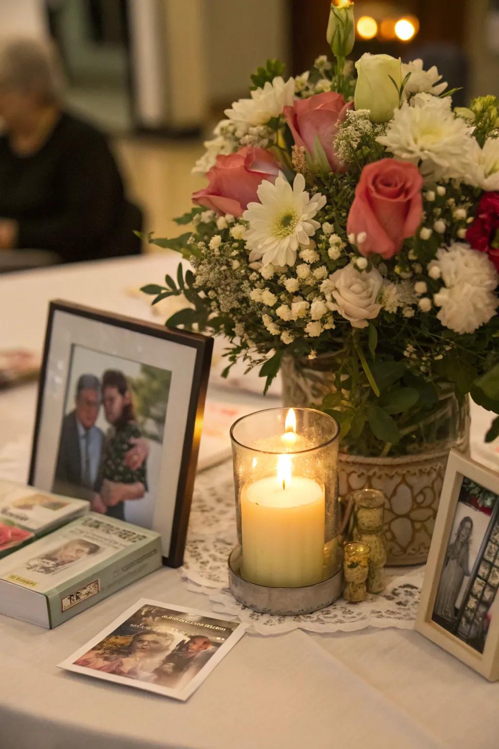A candle nestled in blossoms makes for a beautiful and tranquil centerpiece.