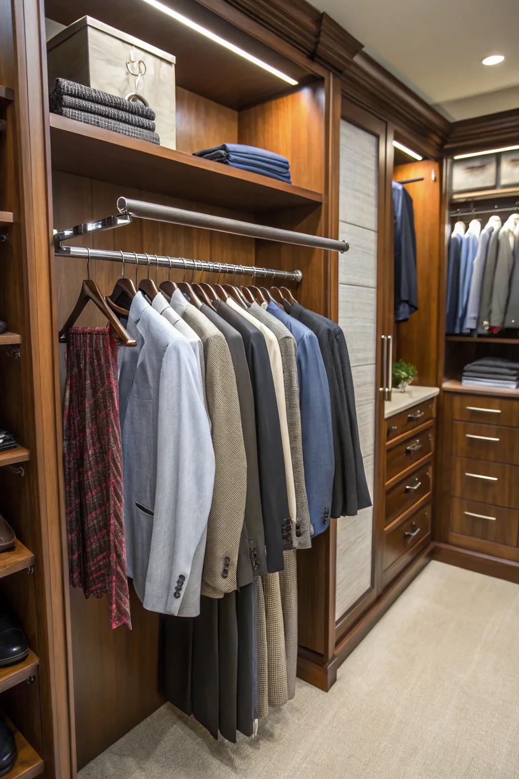 A handy valet bar for simple clothing planning.