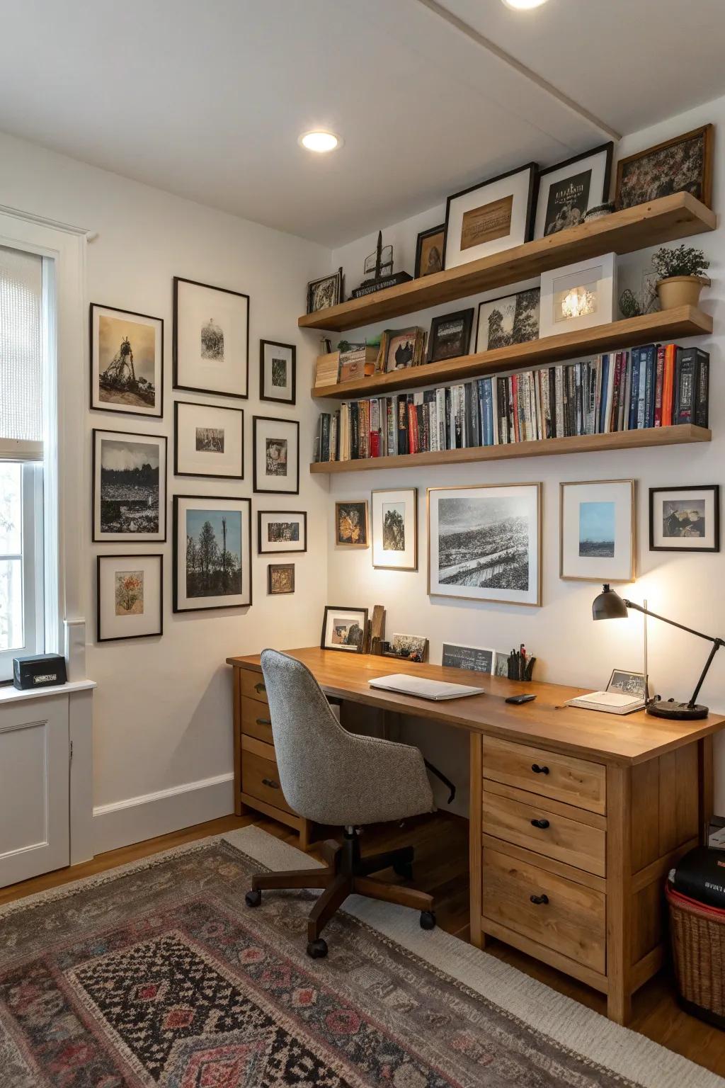 A gallery wall infuses inspiration and style into this office.