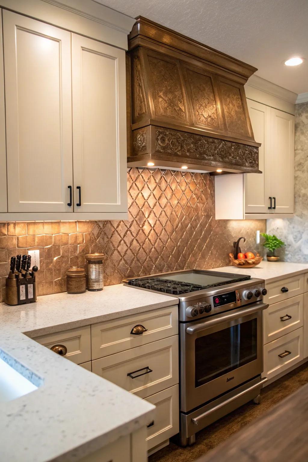 A kitchen showcasing a warm tawny metal backsplash.