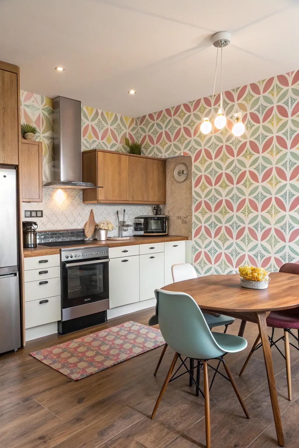 Retro pattern wall covering brings a nostalgic touch to this kitchen.