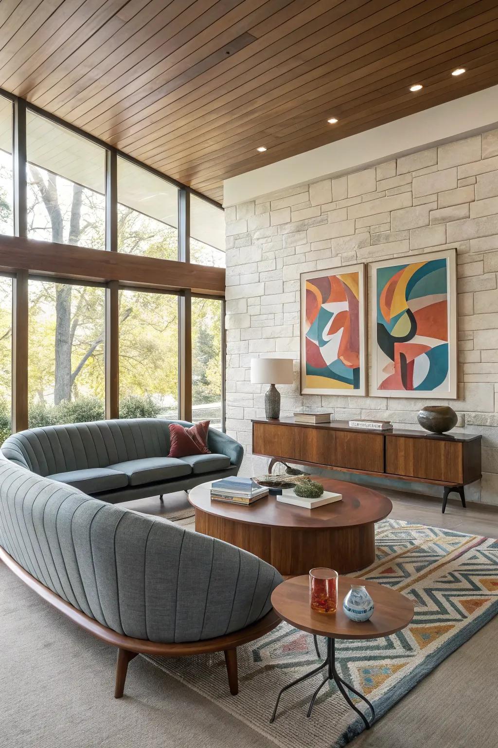 Abstract wall art brings personality and creativity to this mid-century modern living space.