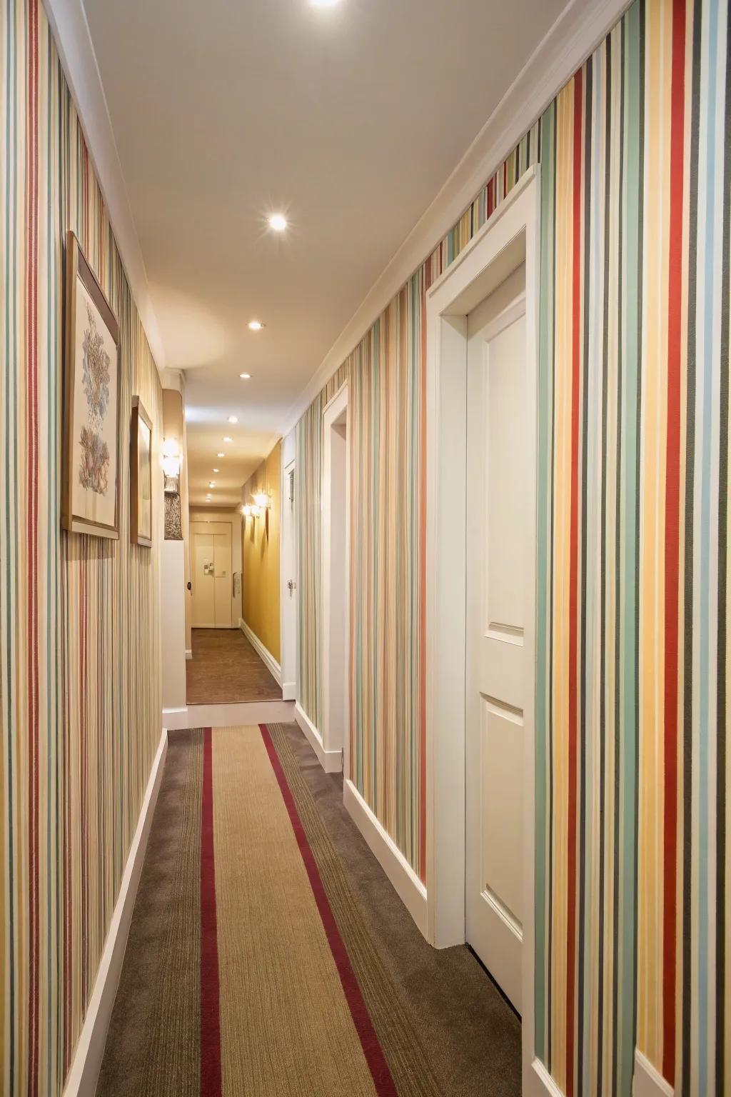 Hallway with nostalgic banded mid-century wallcovering.