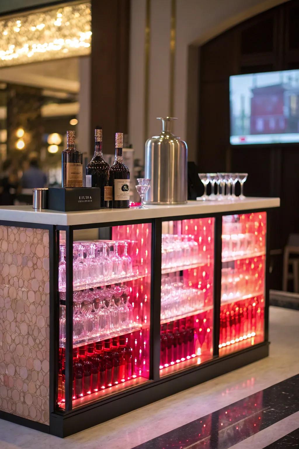 A backlit backsplash provides a glamorous touch to the home bar.