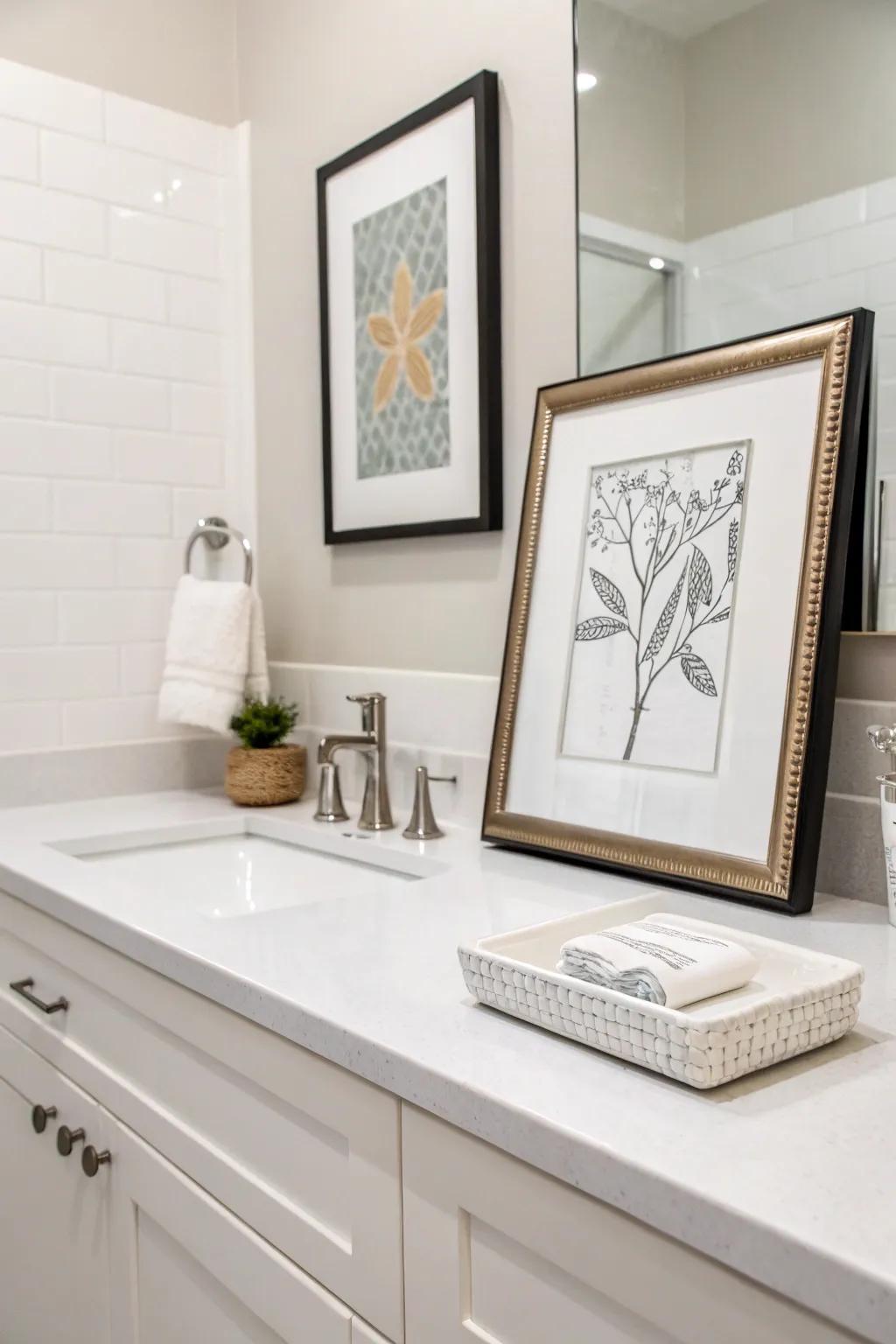 Minimal artwork adds a personal touch to the bathroom decor.