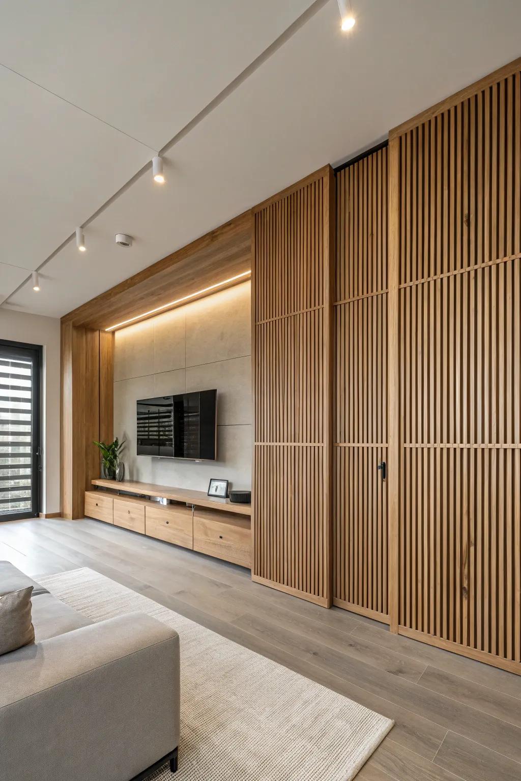Timber slat panels impart elegance and texture to the minimalist design.