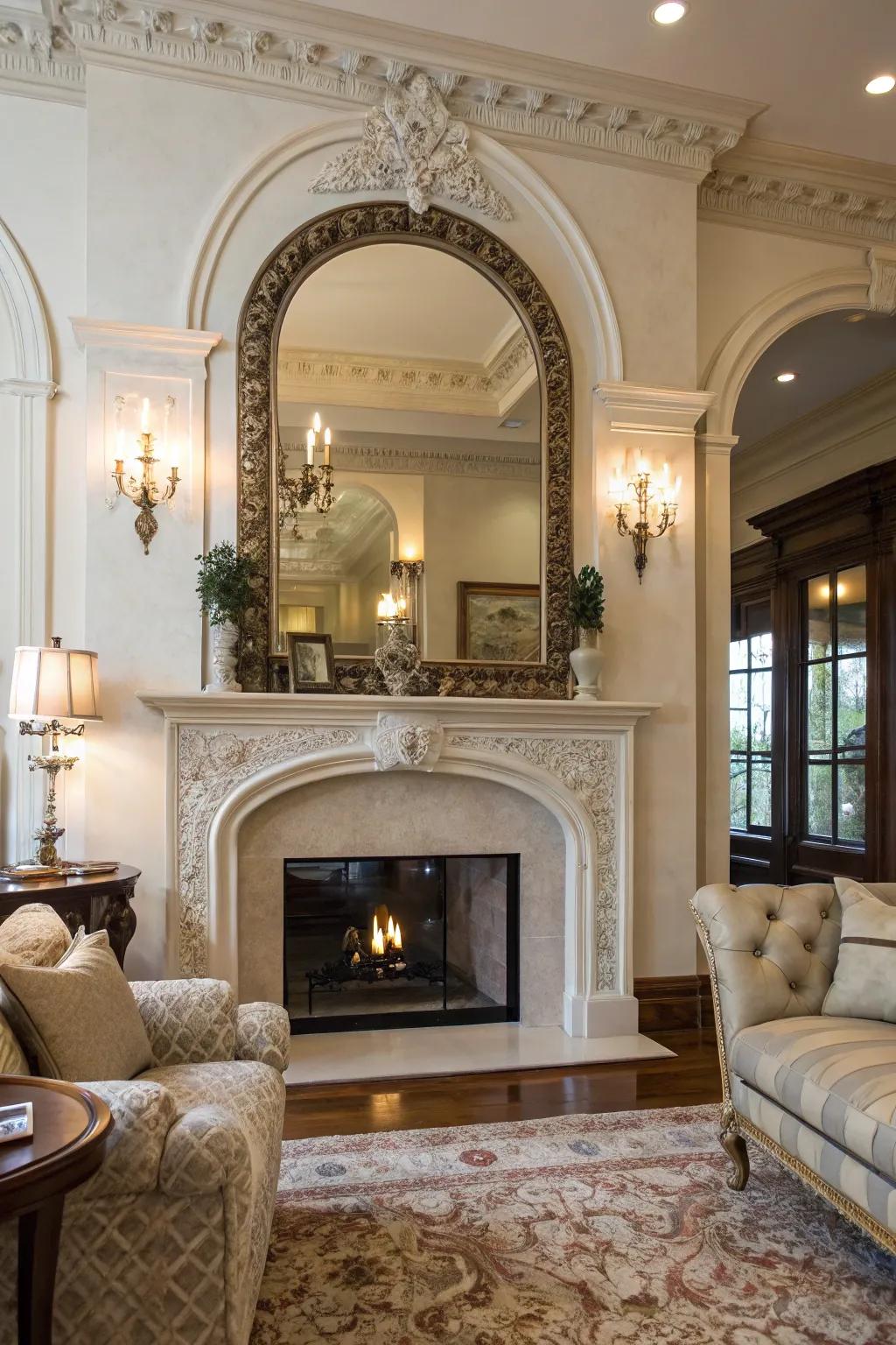 Curved looking glasses accentuate architectural grace.