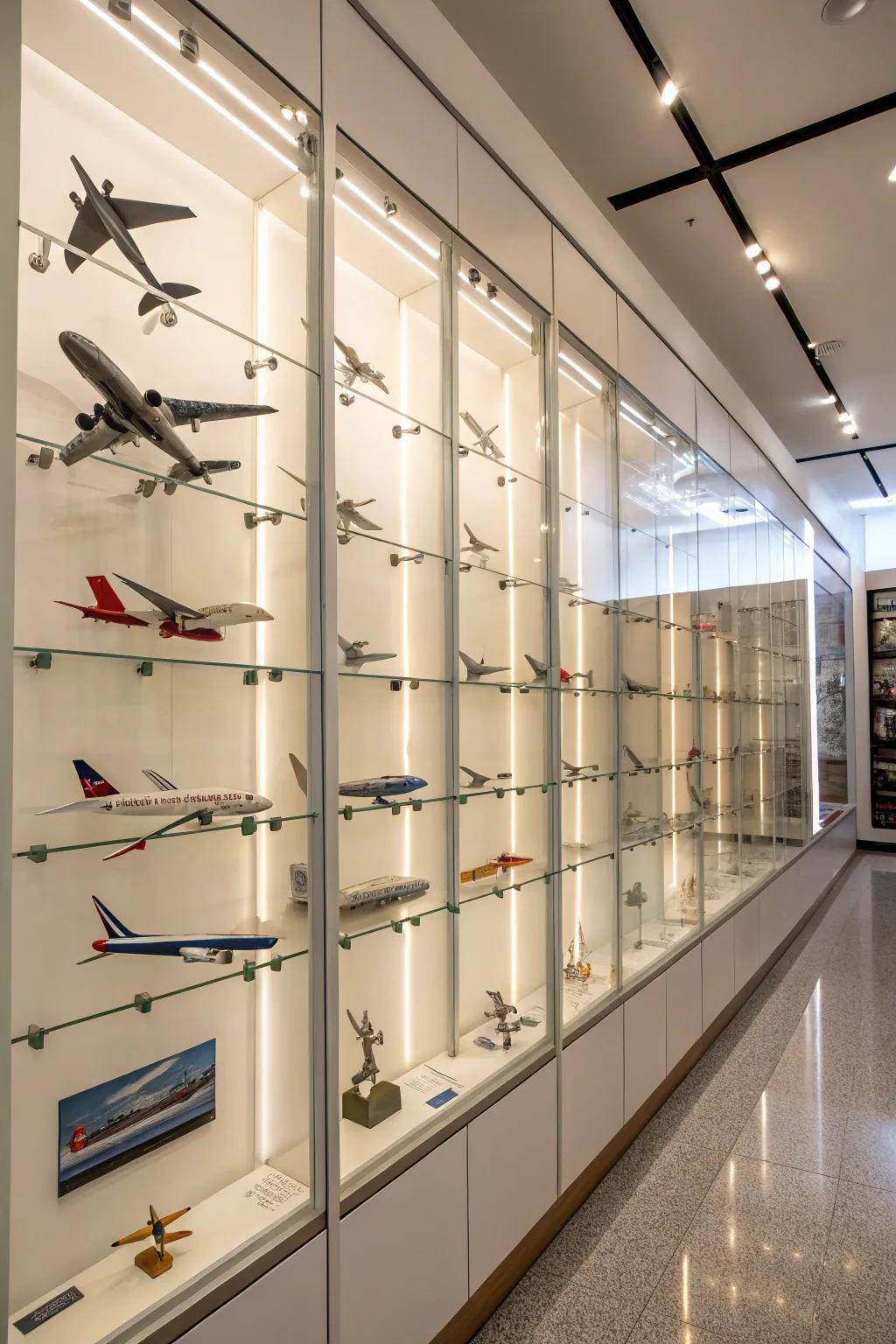 Custom-built walls offer a bespoke solution for displaying model airplanes.
