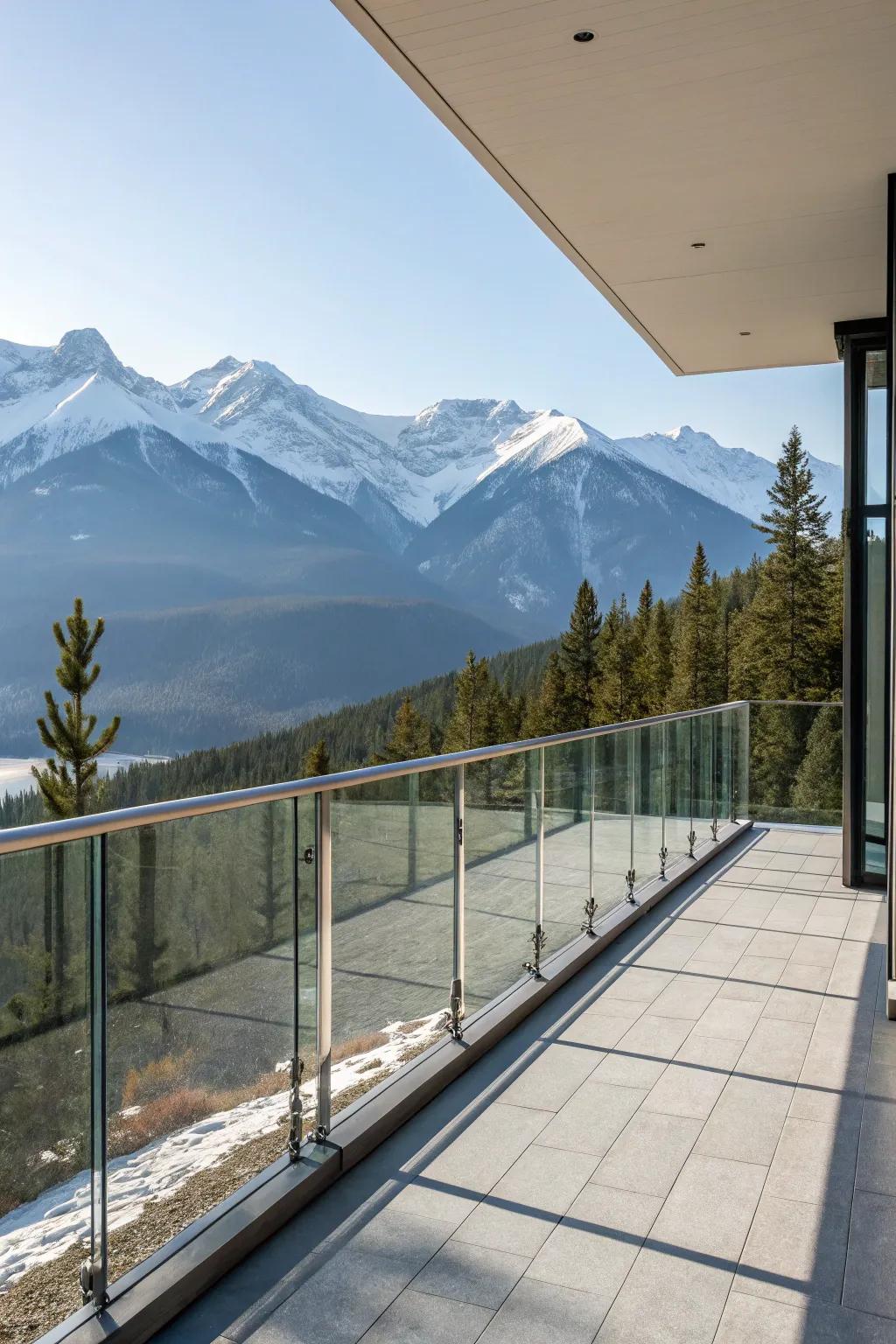 Balcony with floating crystal borders facing a mountain range