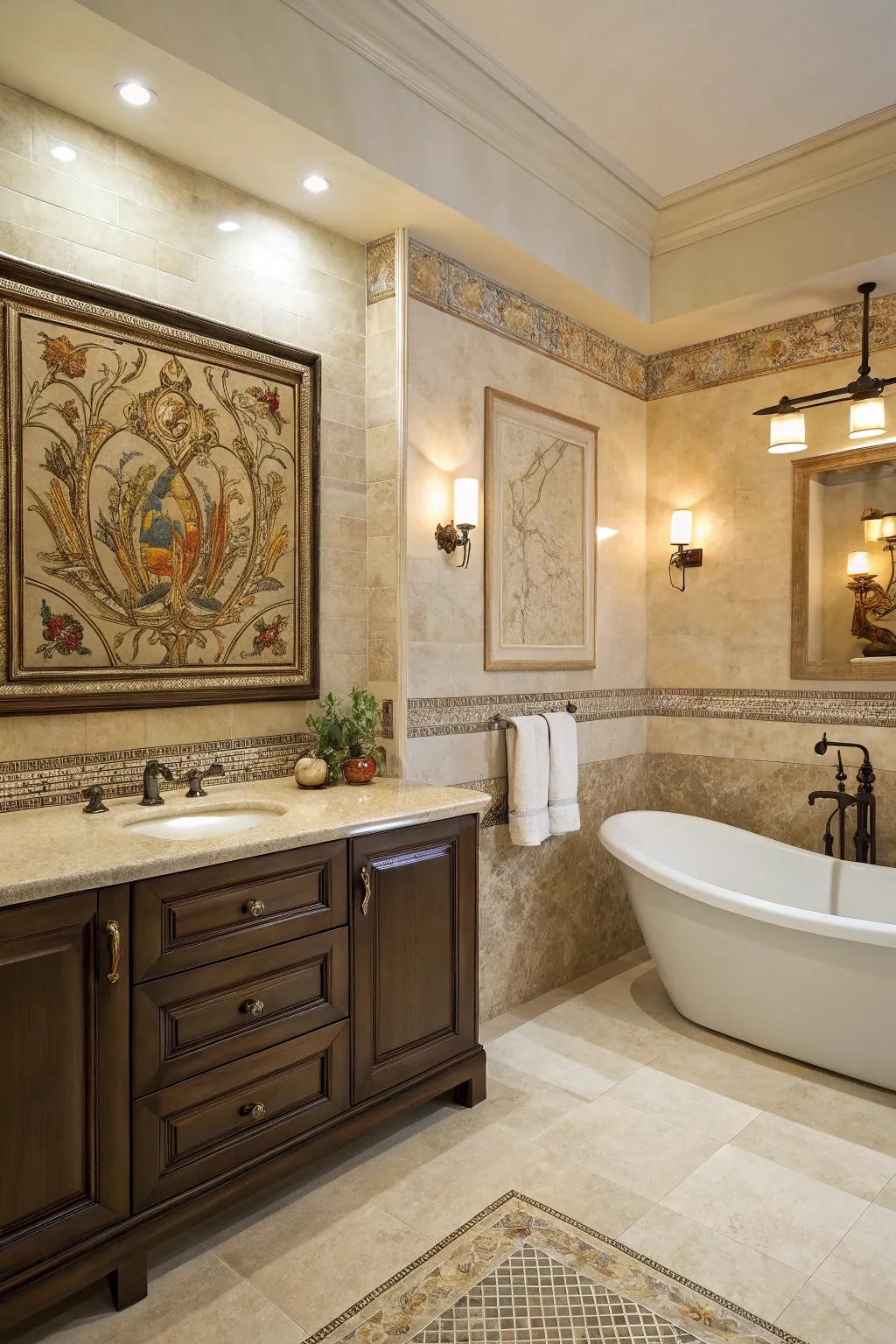 Decorative tile panels append artistic flair to your bathroom.