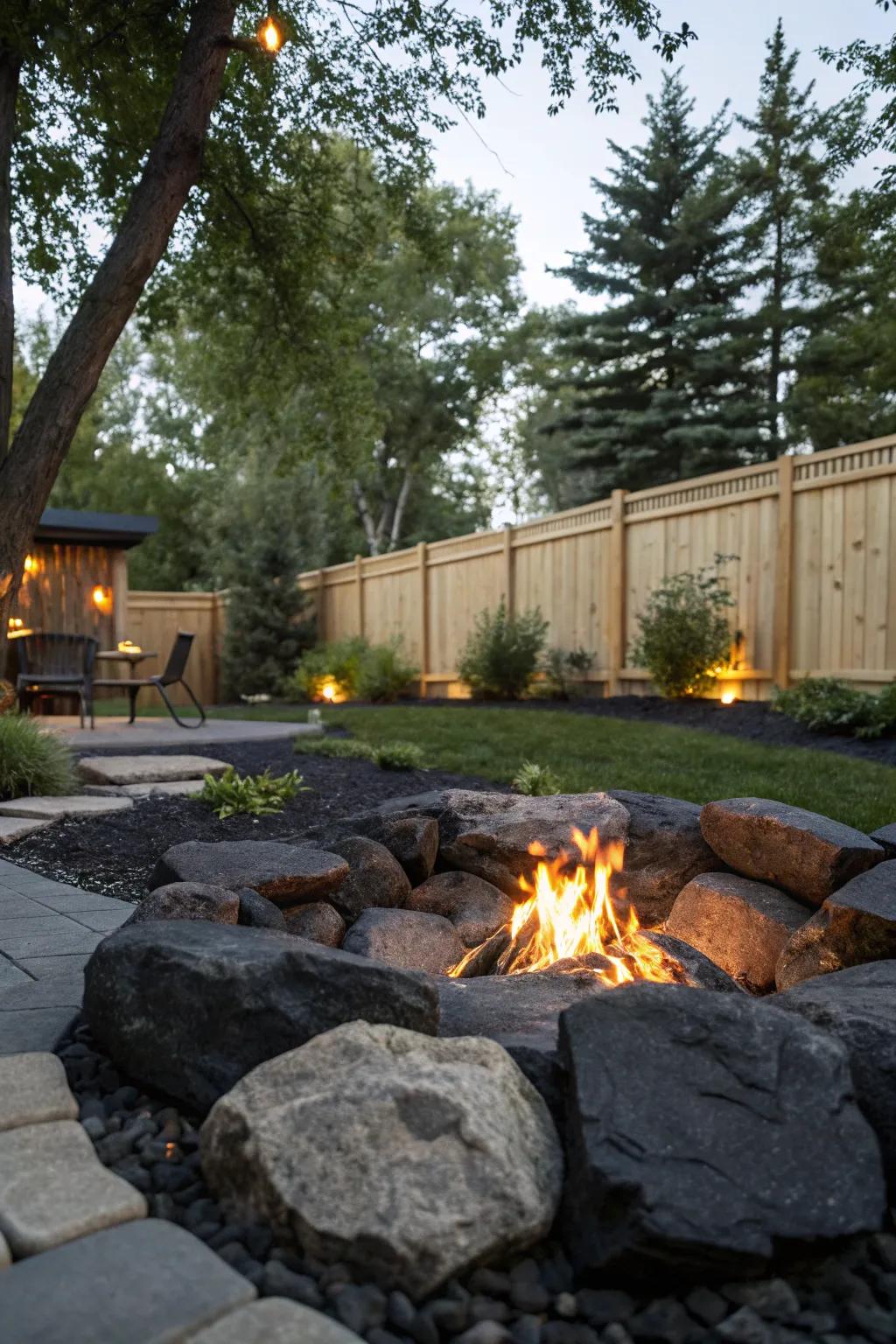 Dark stones creating a cozy fire pit area.