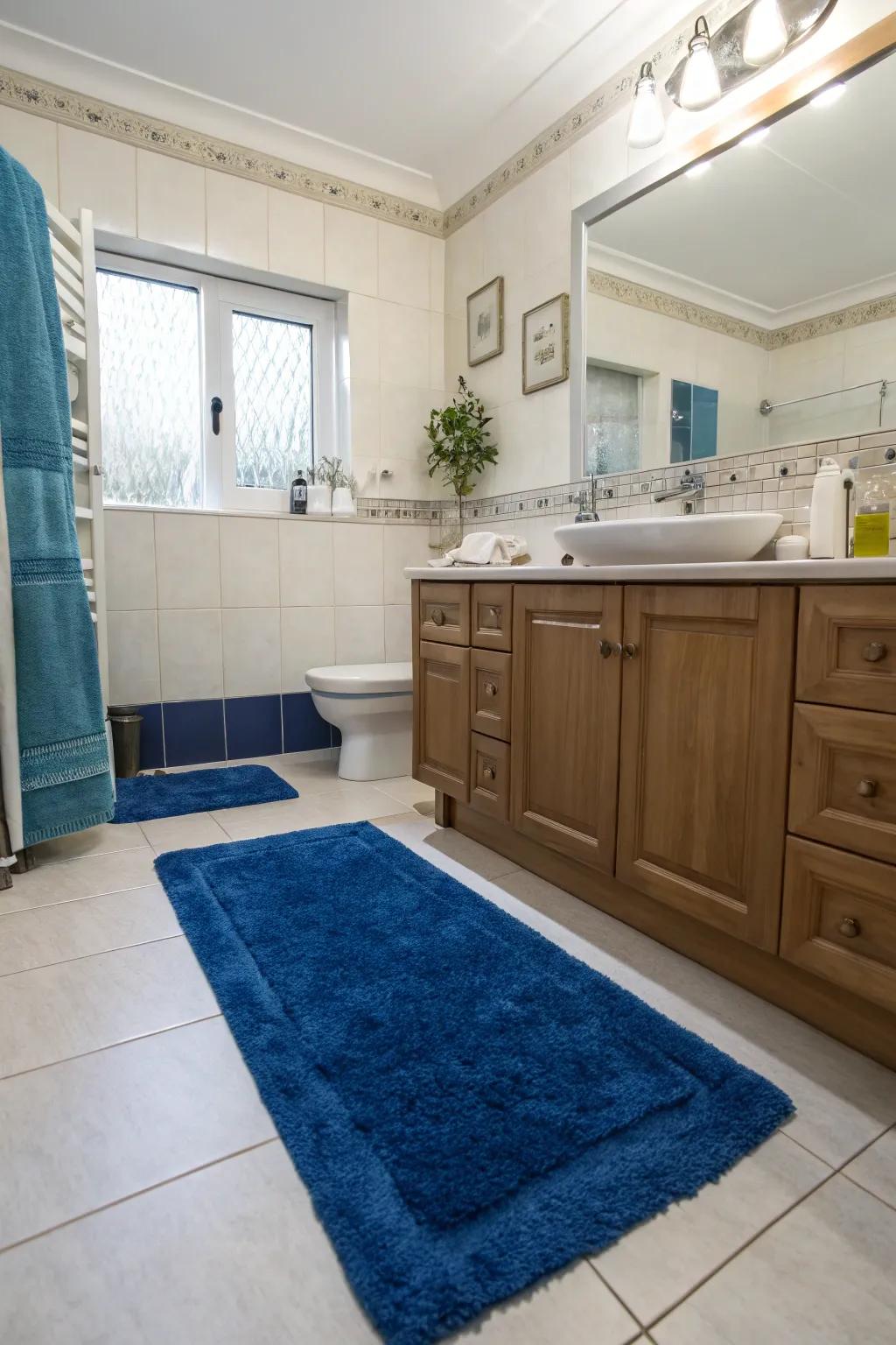 A deep azure rug introduces warmth and solace to the floor of this contemporary washroom.