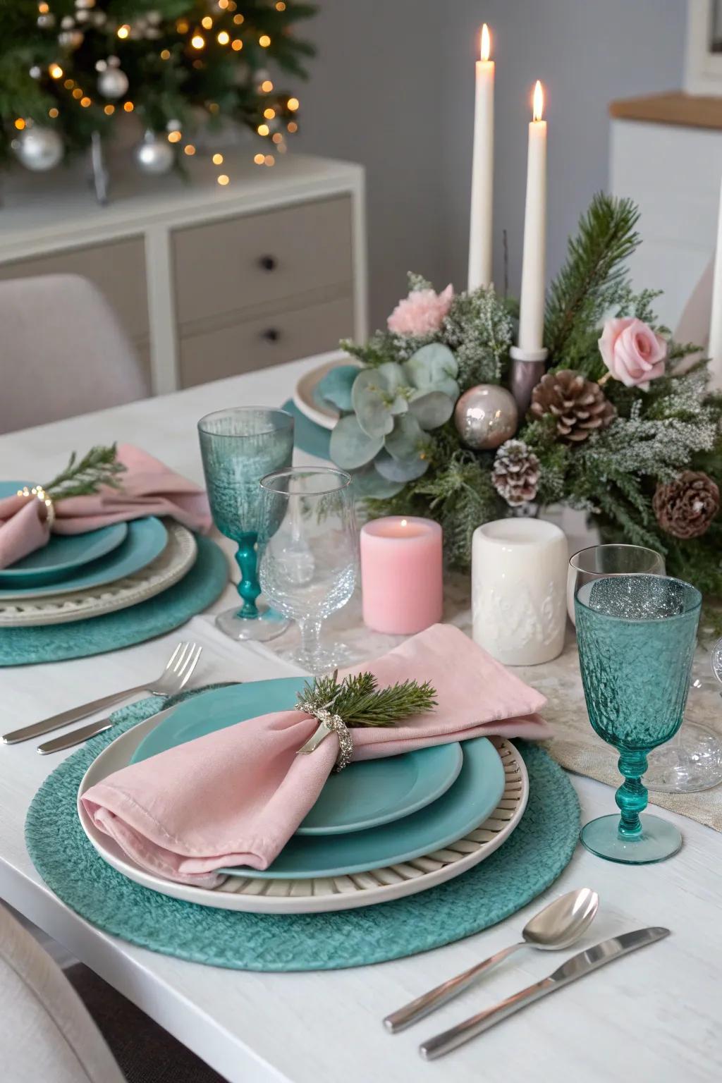 A unique table arrangement employing unconventional colors such as teal and blush.