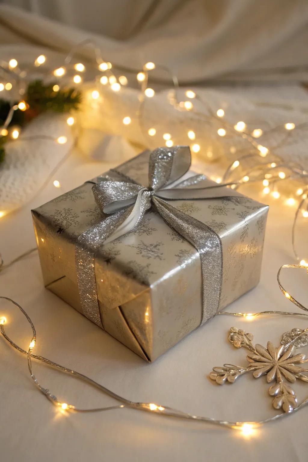 An opulent gift adorned with glimmering embellishments, the epitome of a shining festive gathering.