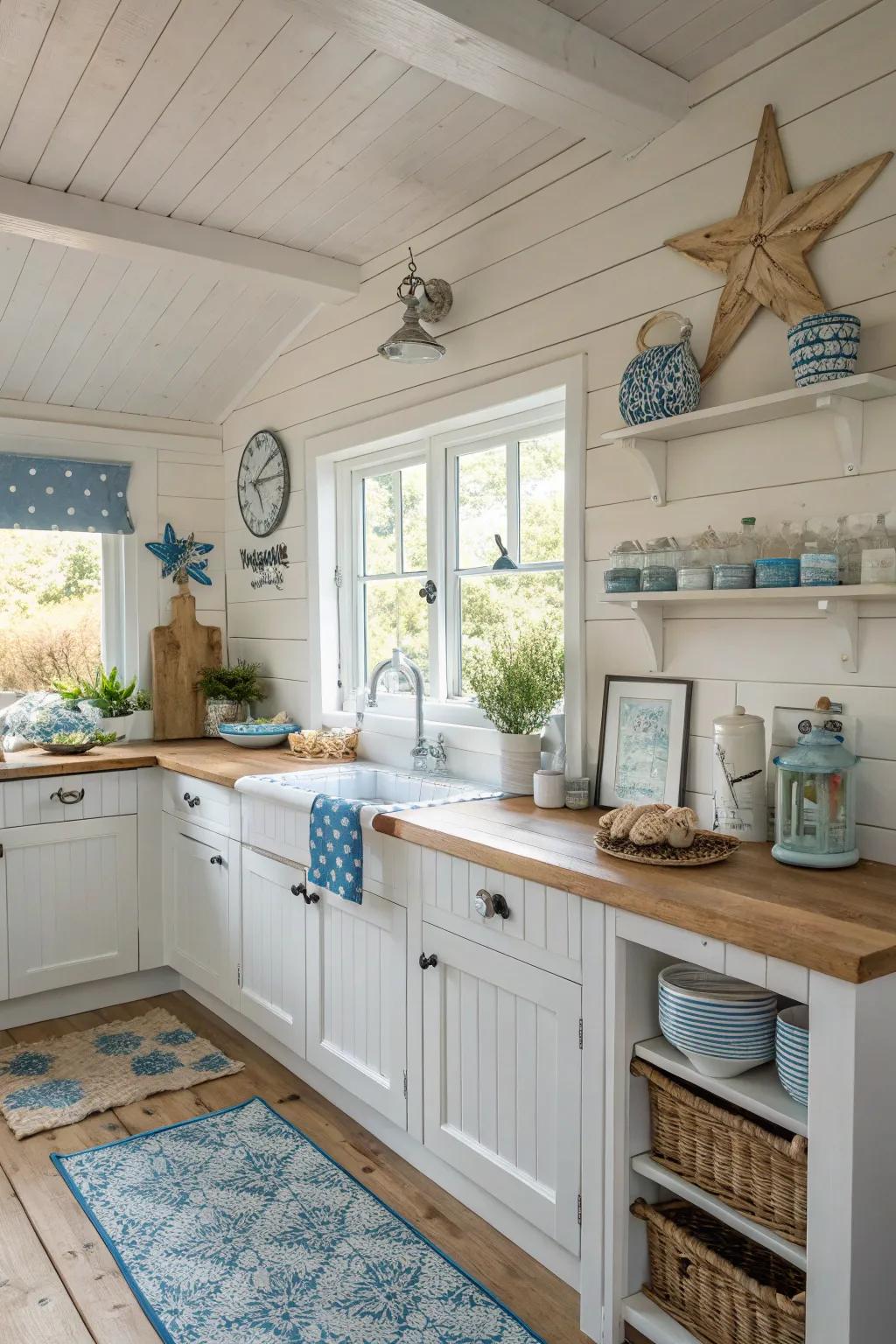 Plank siding walls append rustic allure to this coastal kitchen.