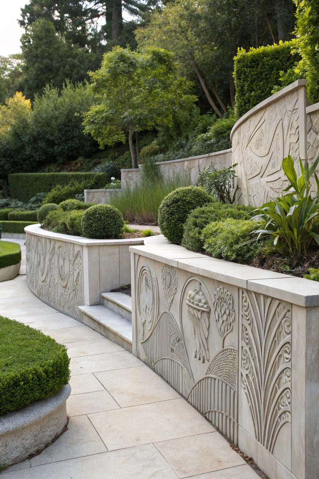 Sculpted concrete wall serving as an artistic focal point.