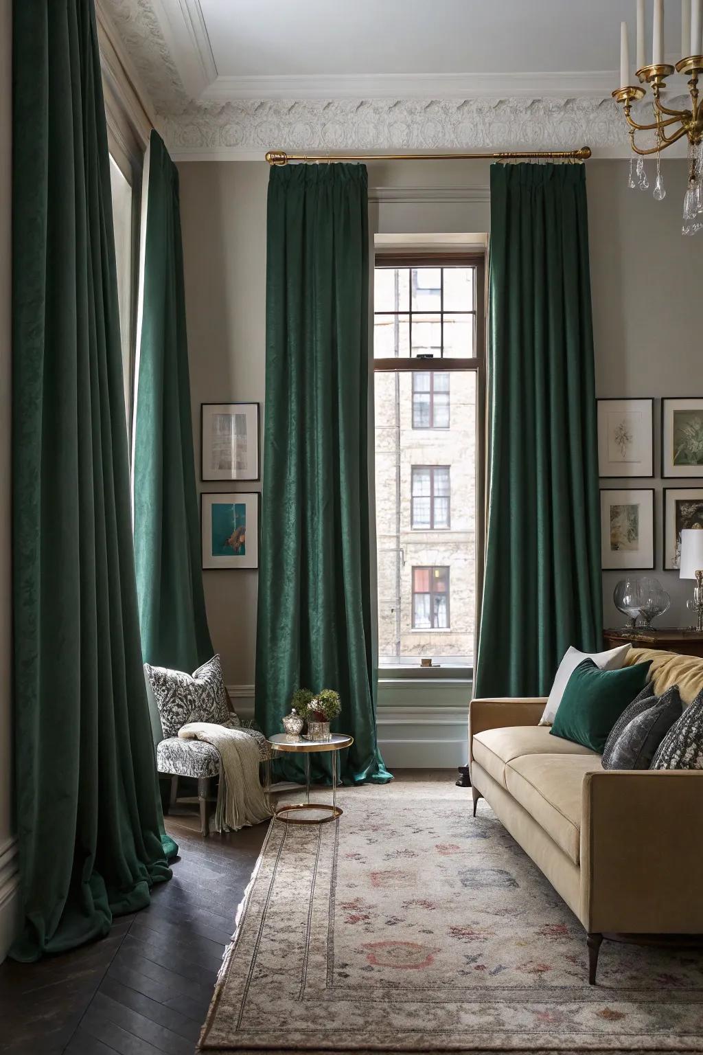 The introduction of dark green curtains brings drama and grandeur to your living room.