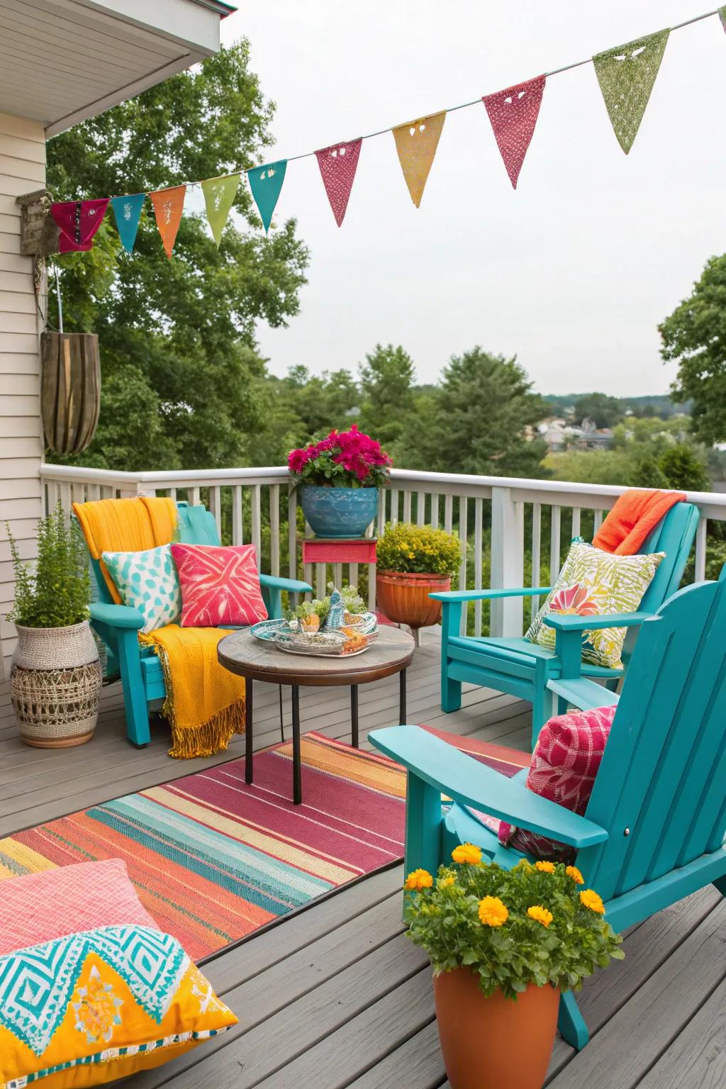 A deck that really shines with colorful furniture and decorations.