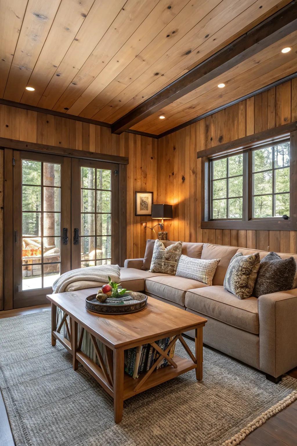 Contemporary wood paneling that introduces warmth and style to a family room.