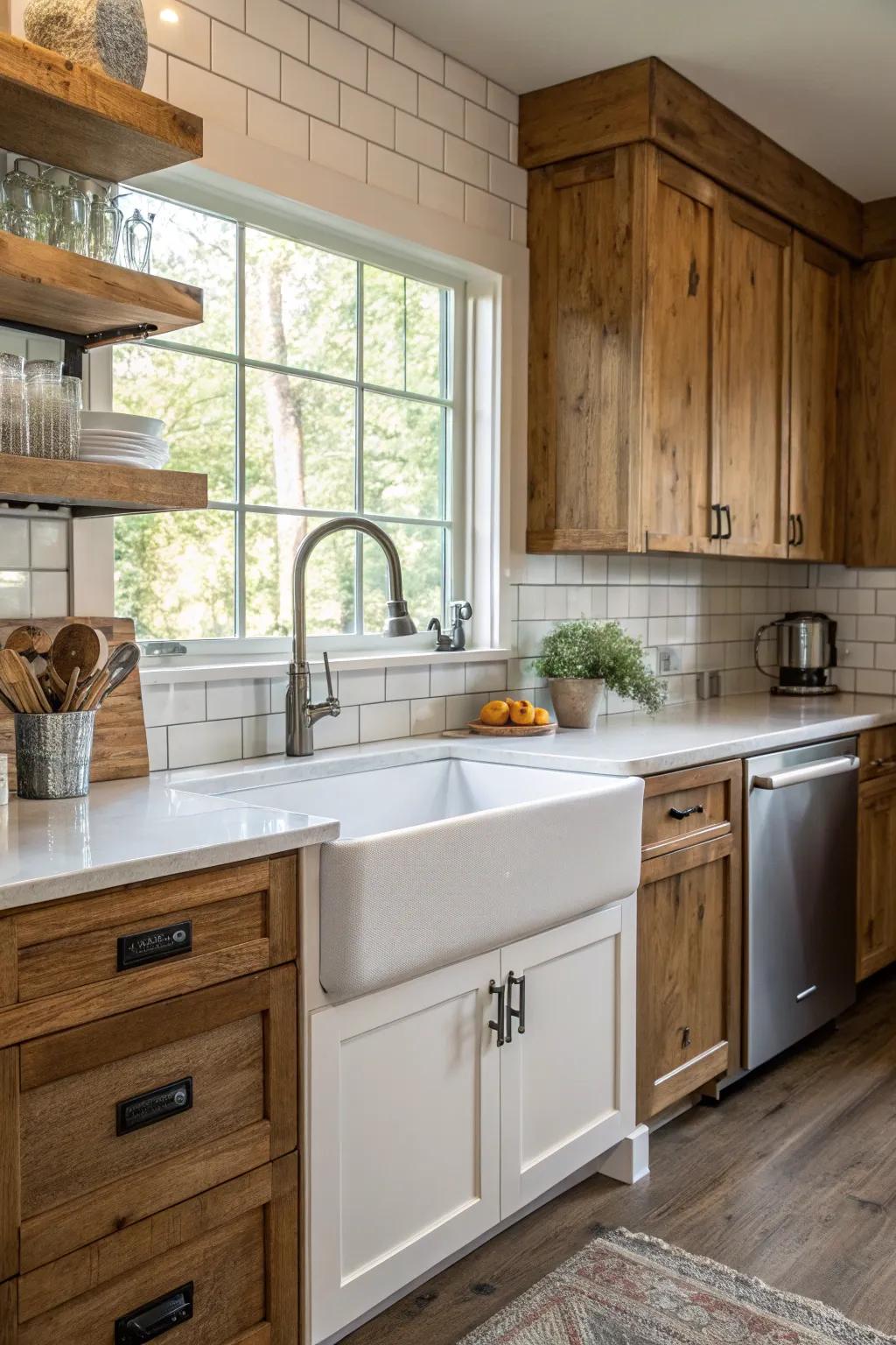 A farmhouse basin combines functionality with classic style in this kitchen.
