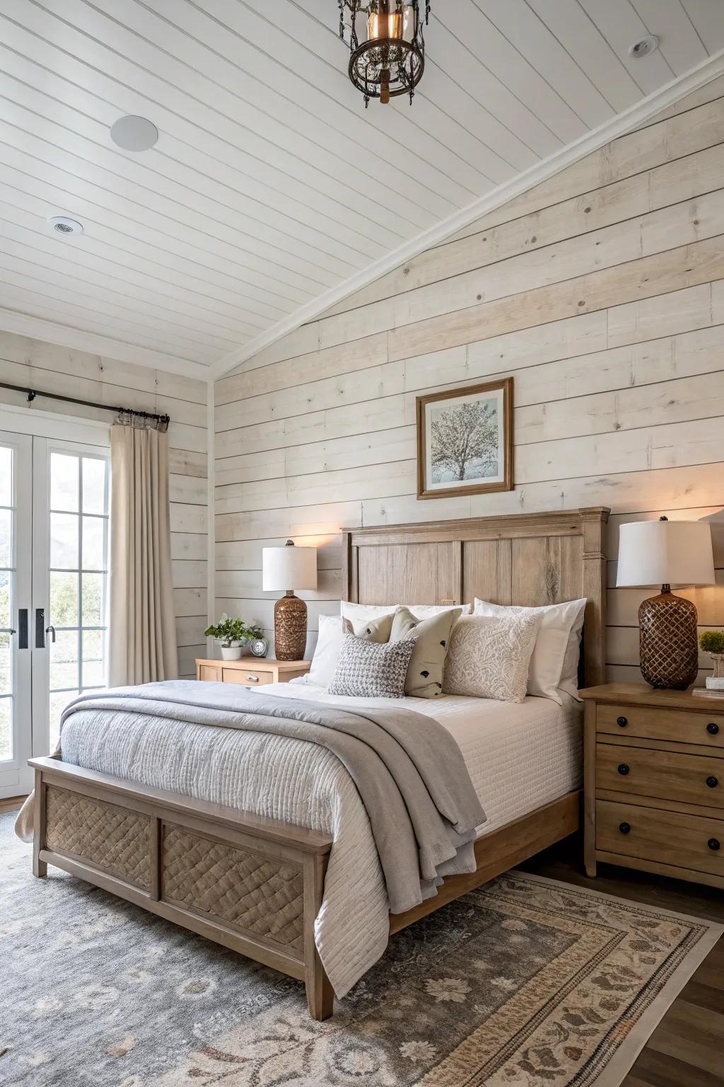 Shiplap walls fashion a comfortable and textured backdrop.