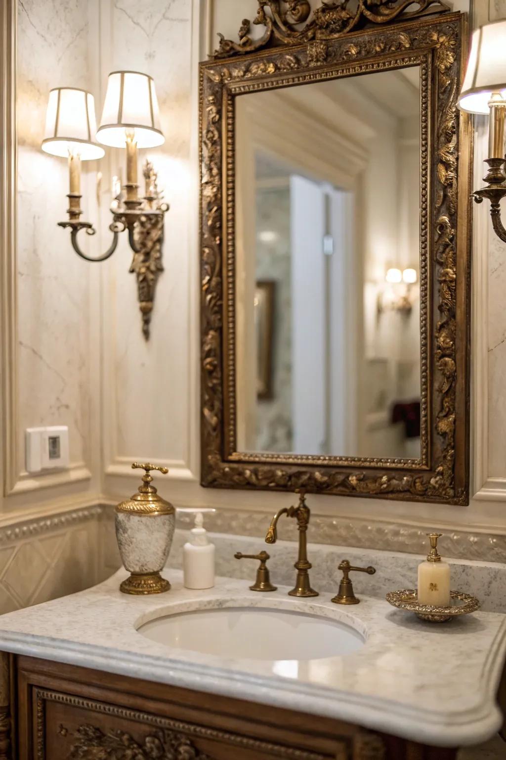 Old-fashioned glass and vintage parts in a washroom.