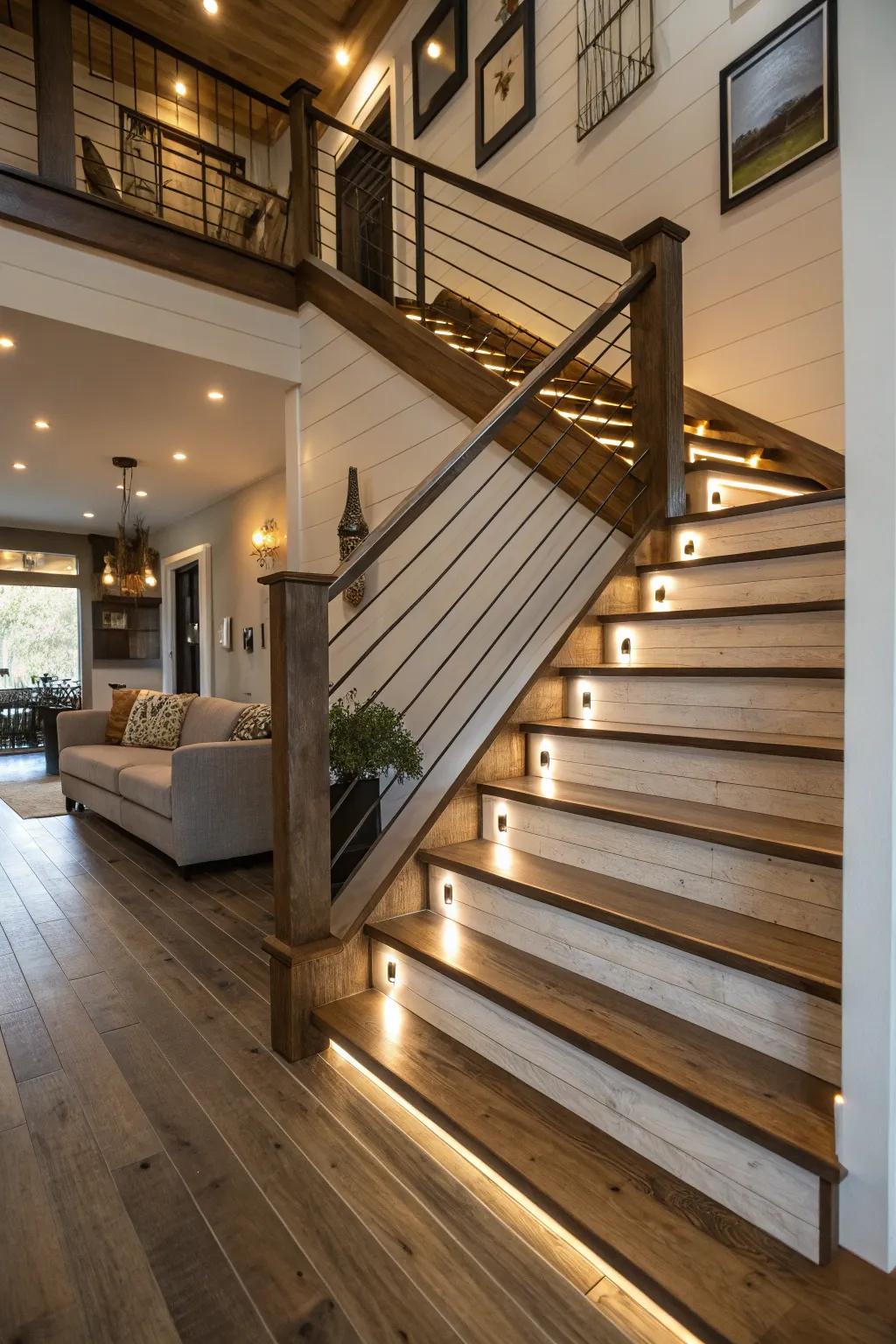 A staircase featuring built-in step lighting, accentuating its design and functionality.