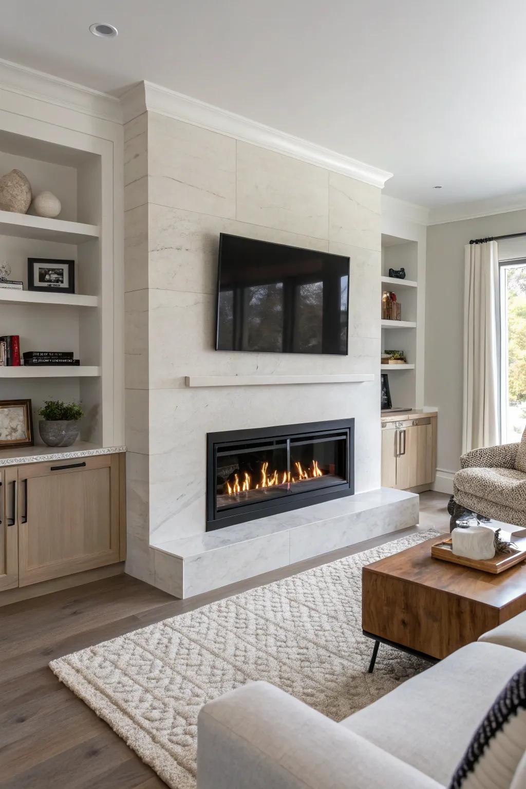 A frameless gas fireplace features a sleek, modern appeal.