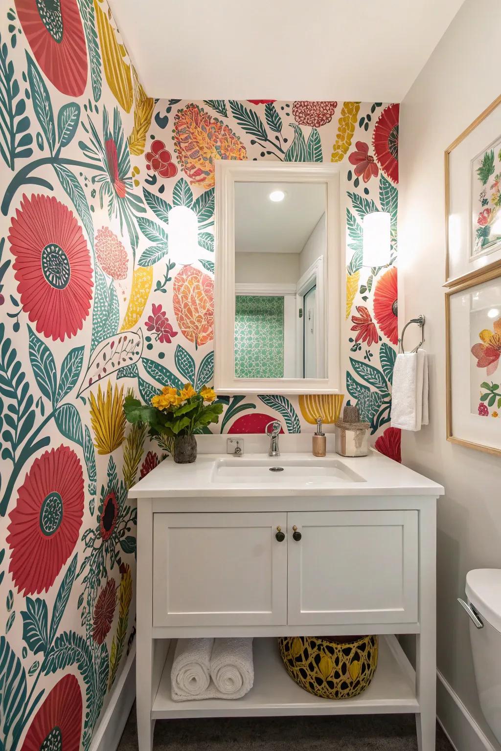 A bathroom exhibiting a vibrant wall covering accent wall for a bold statement.