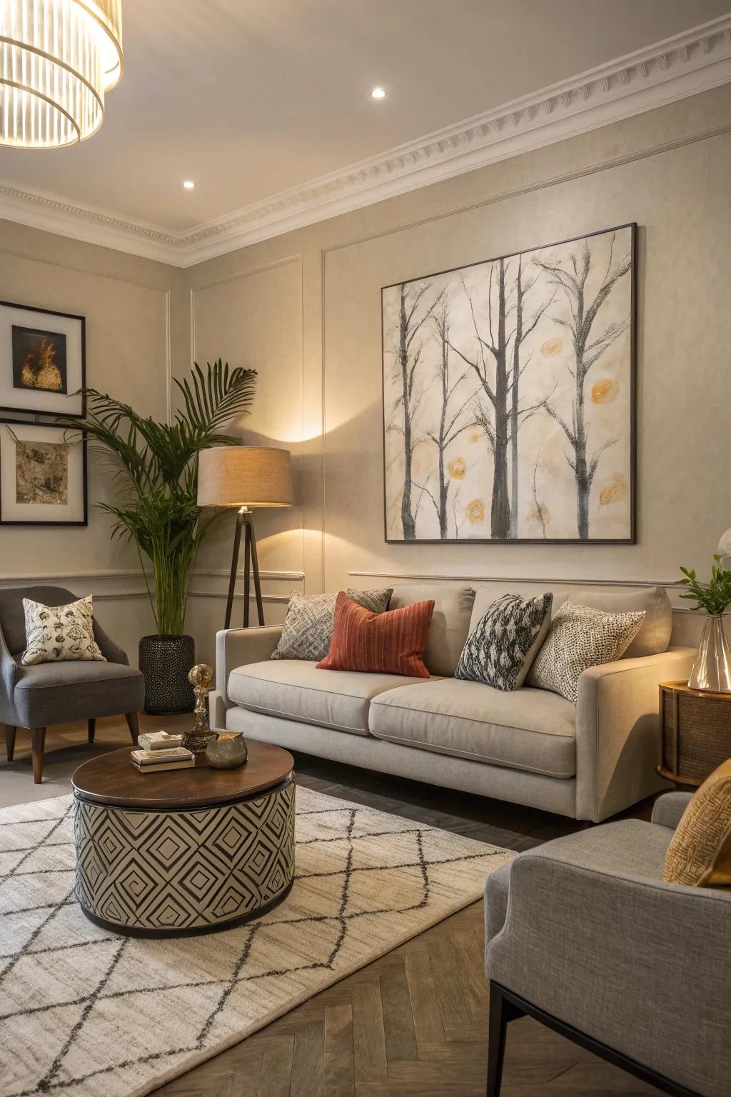 Statement art adds drama and character to the space.