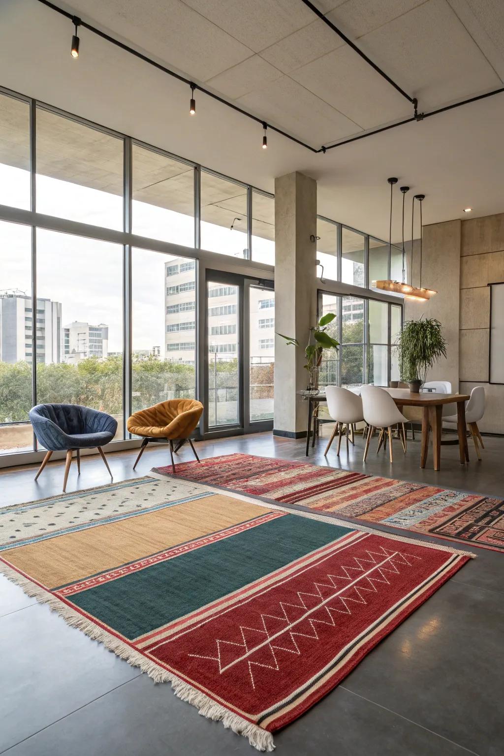 A contemporary interior employing woven floor coverings to delineate zones within an open space.