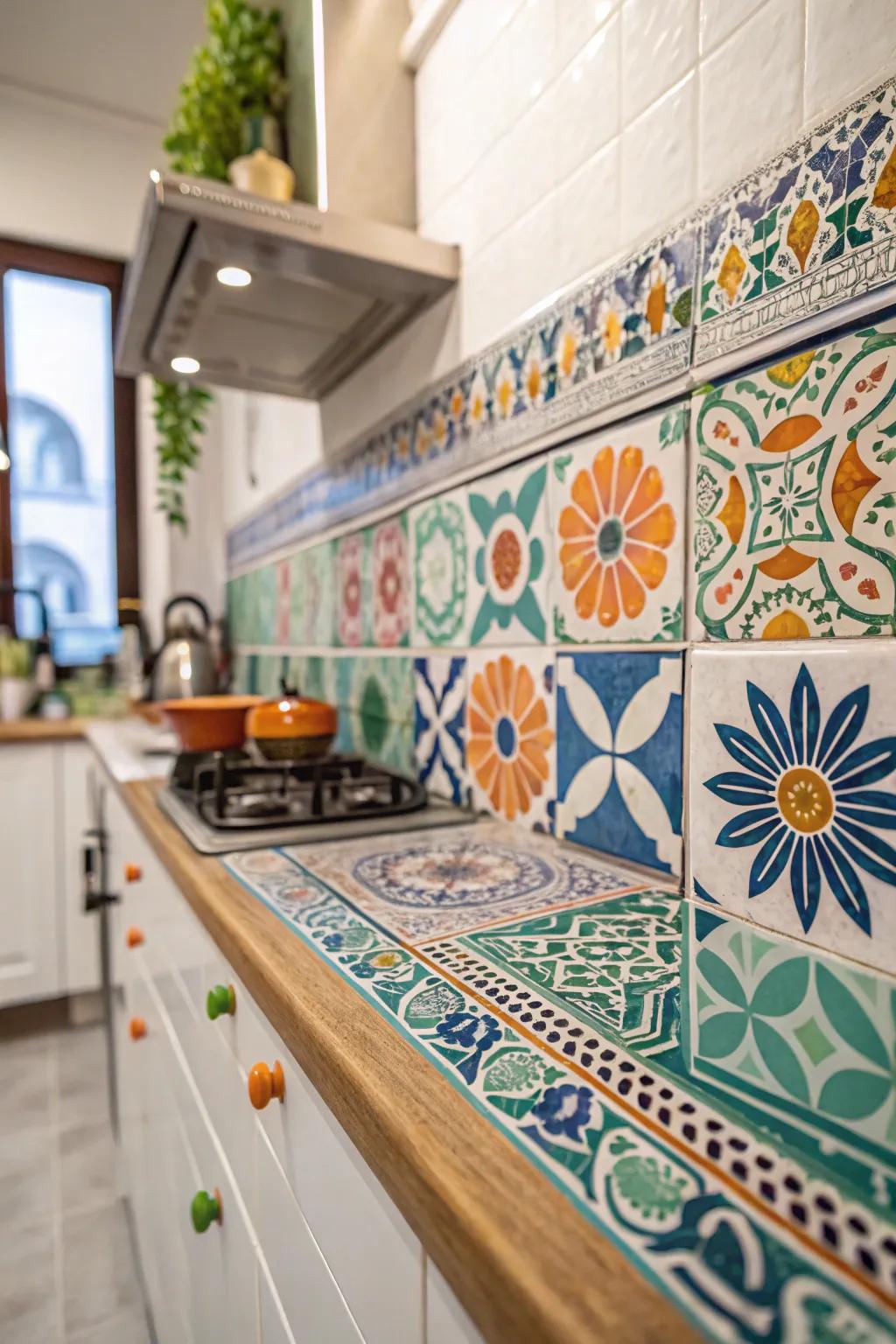 Artisanal panels offer unique folk charm to kitchen walls.