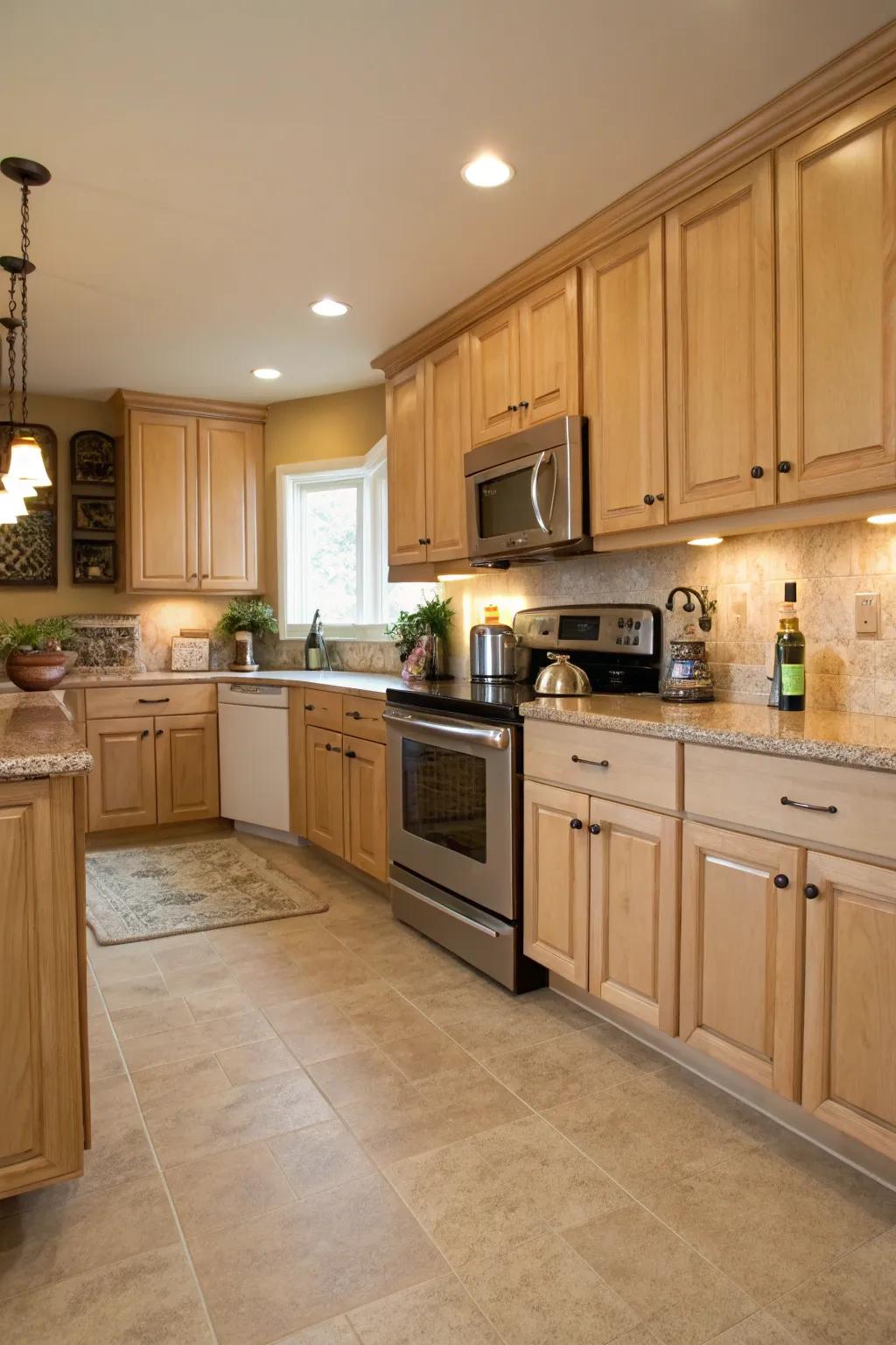 Neutral flooring enhances the warm tones of light oak cabinets.