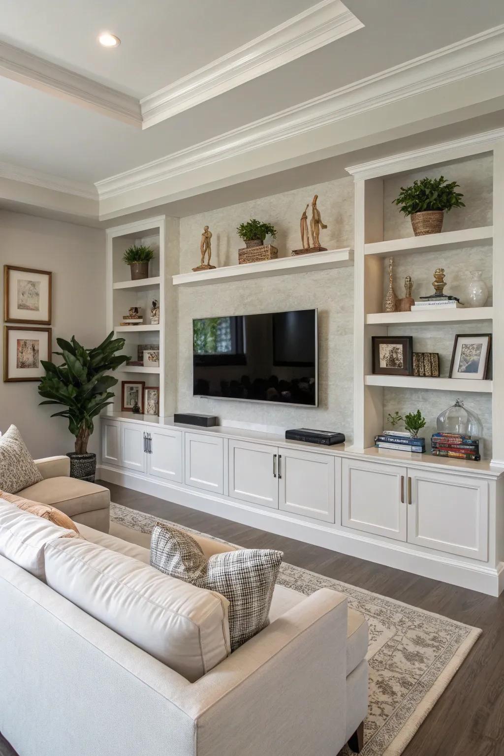Wall-mounted shelves provide stylish and practical display choices.