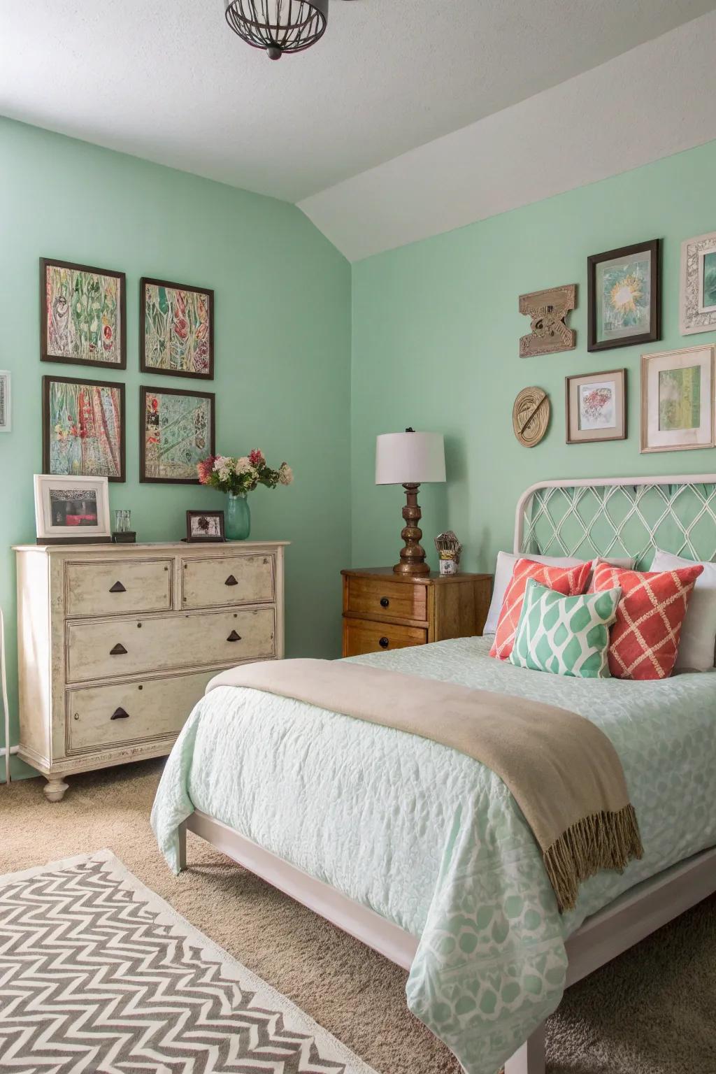 A harmonious blend of vintage and modern in a seafoam serenity bedroom.
