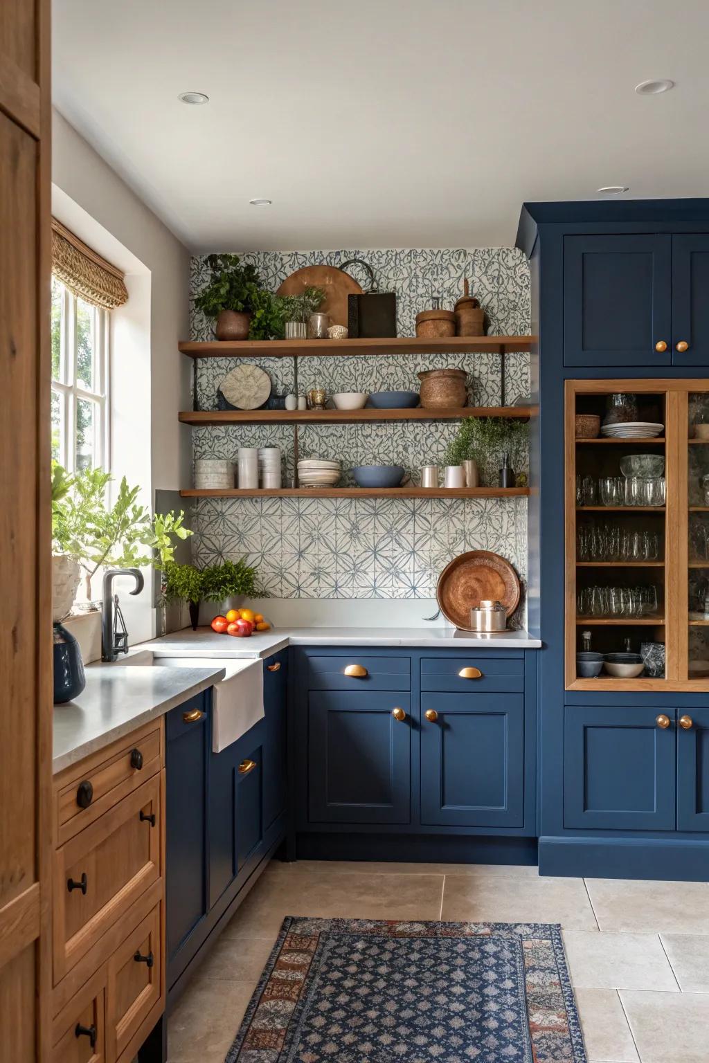 A dark blue wall makes the kitchen look deeper.