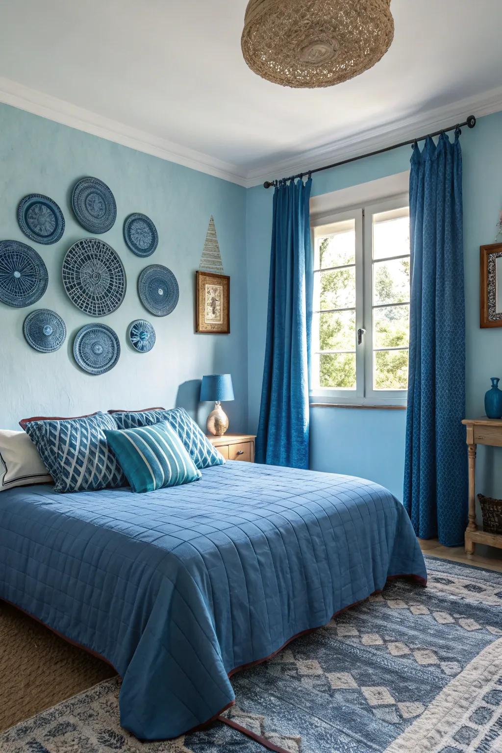 Layering different shades of blue appends depth and interest to the chamber.