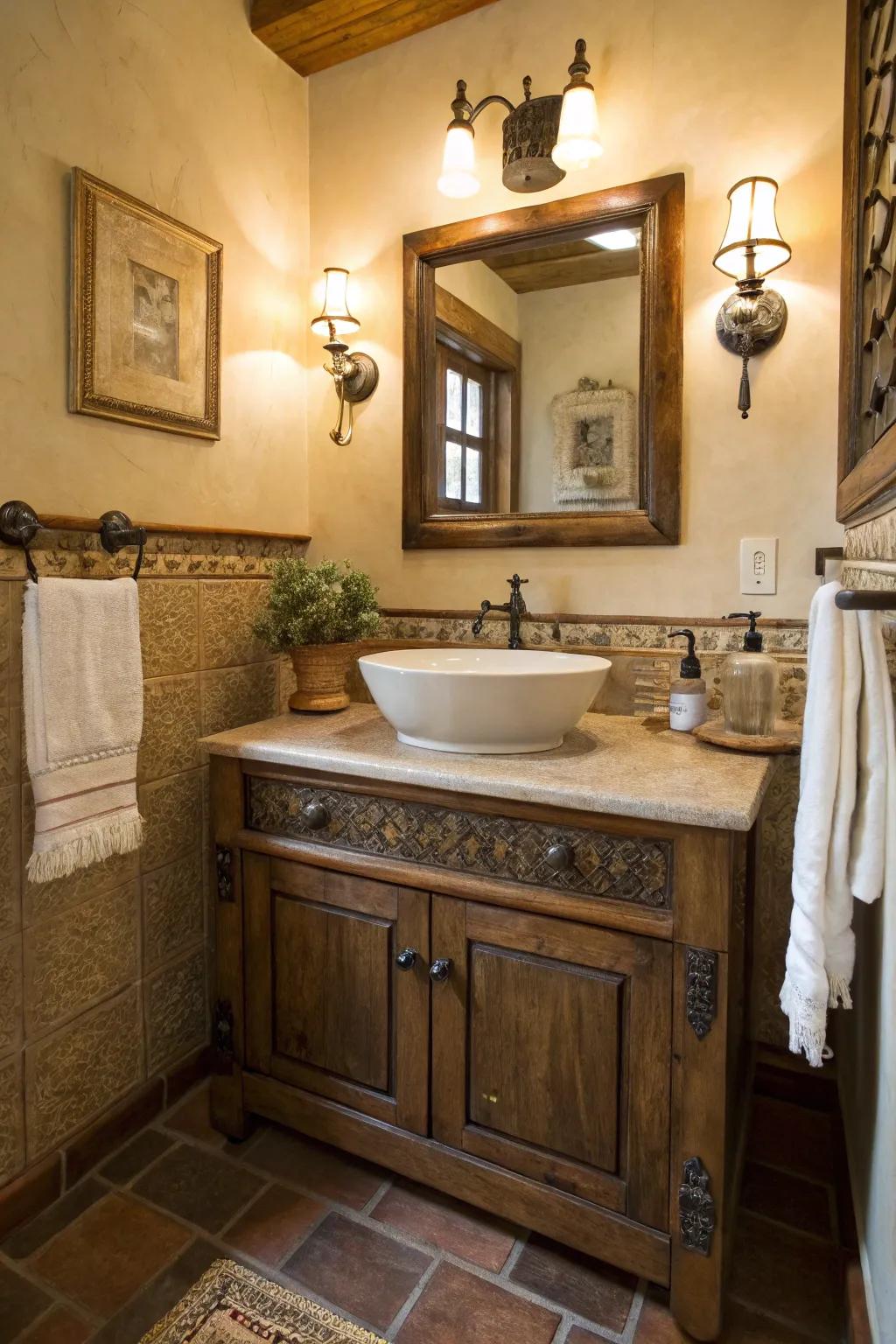 Bygone-era fittings usher timeless elegance into a modern farmhouse bathroom.