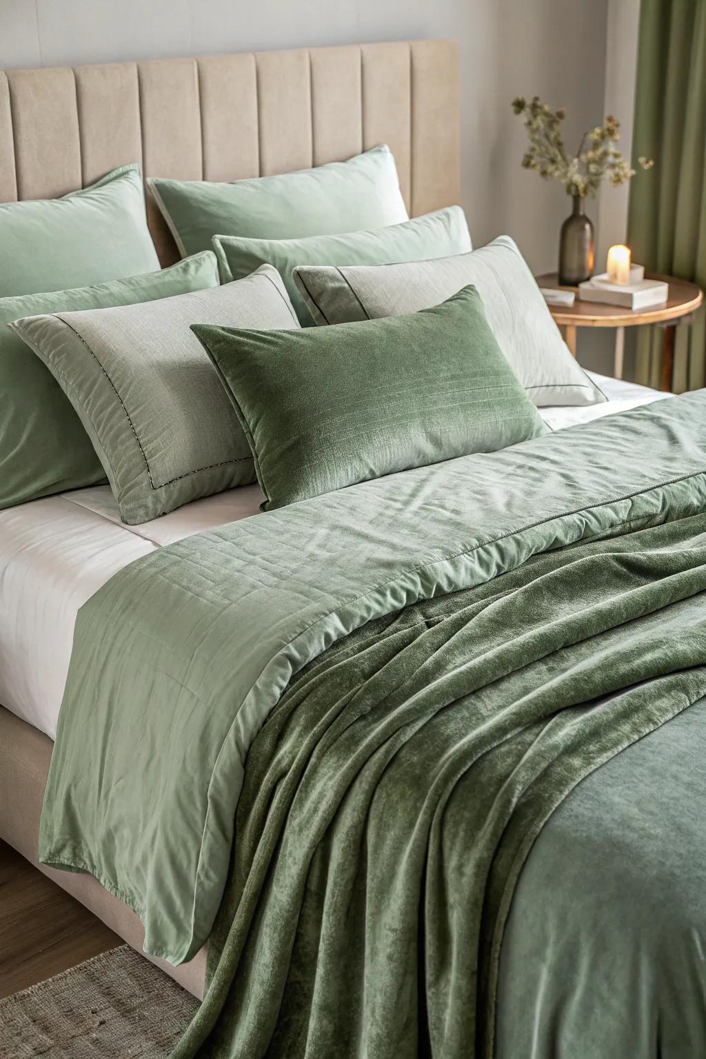 Layered soft green materials enhance the bedroom’s cozy appeal.